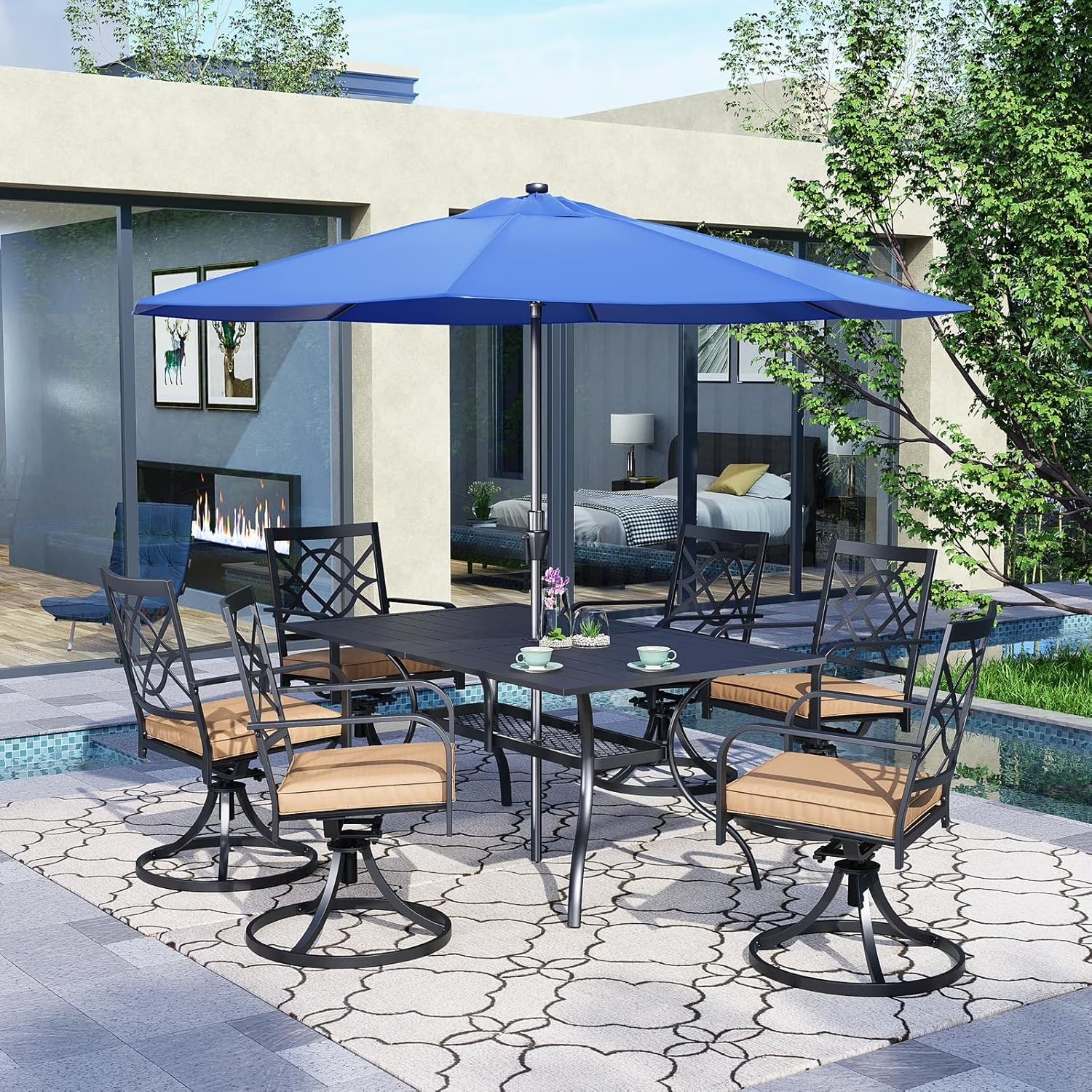 SUNCROWN 7-Piece Outdoor Wrought Iron Chairs and Table Patio Dining Furniture Set - 6 Stackable Metal Chairs, 1 Steel Slat Bistro Table and 1 Brown 9Ft Patio Umbrella for Garden Backyard Deck - Image 7