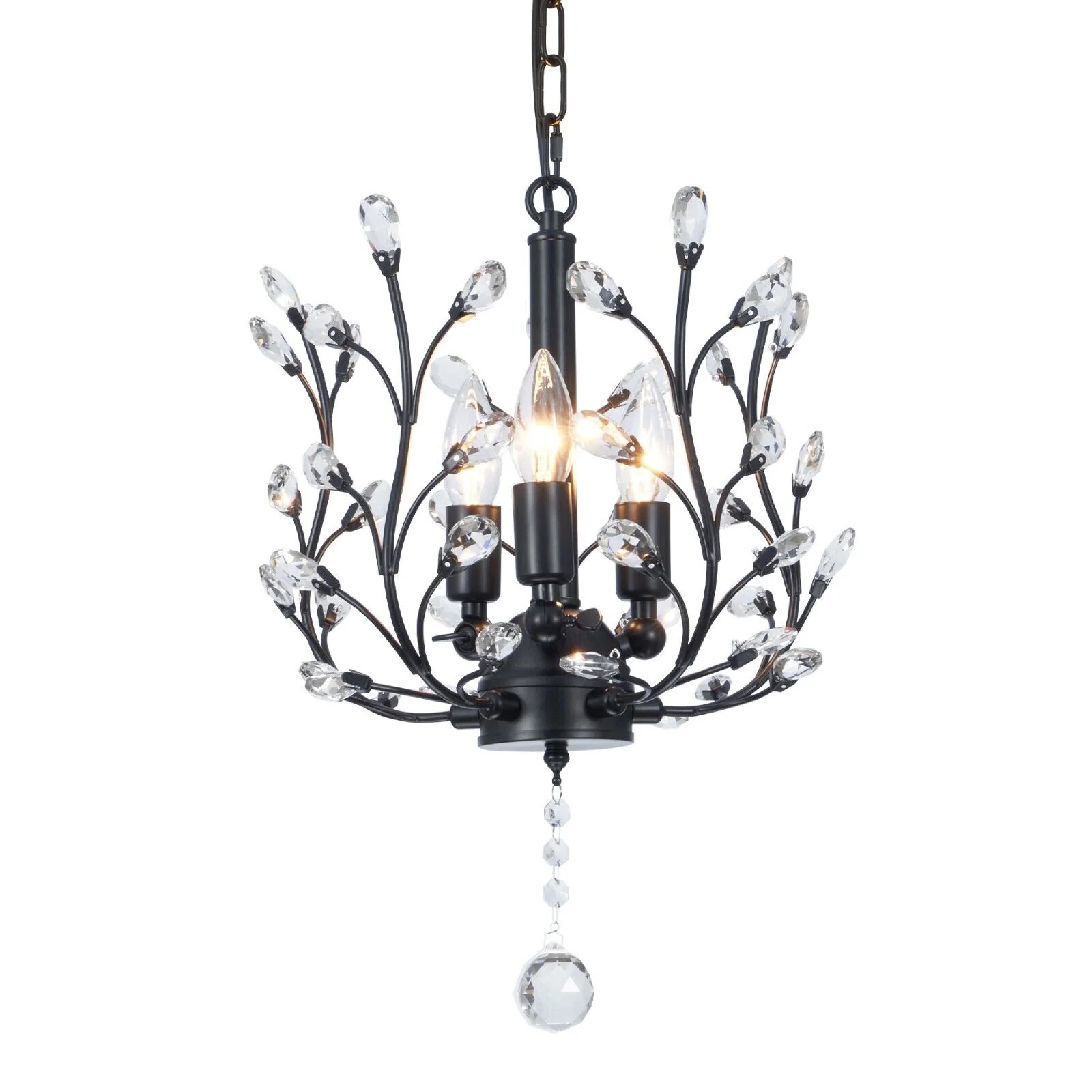 FINE MAKER 18-inch branch flower-shaped crystal chandelier, 3-head living room chandelier, bedroom study lighting fixture (black) - Image 2