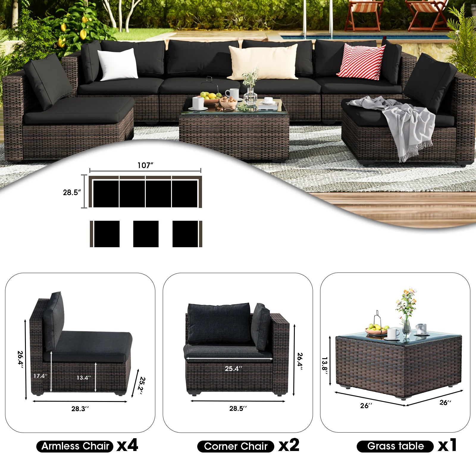 Grezone 7 Patio Outdoor Furniture Wicker Sectional Sofa Couch Lawn Sectional, Black - Image 8