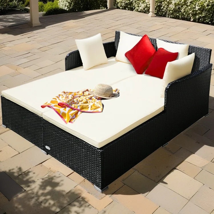 Veryke Outdoor Patio Wicker Daybed Double Chaise Lounge with Cushion, Recliner Chair for Patio Furniture - Beige - Image 11
