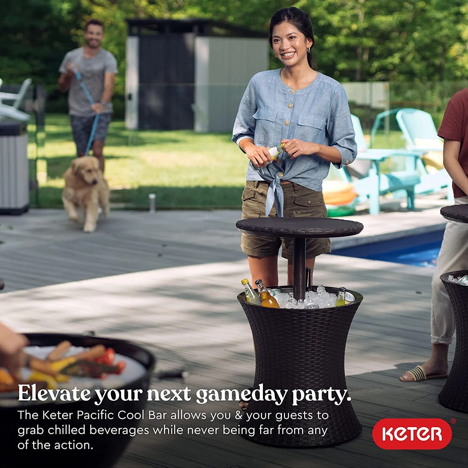 Keter Pacific 7.5 Gallon Cool Bar , Resin Outdoor Patio Beverage Cooler Table, Extra Storage, Rattan Look Brown - Image 2