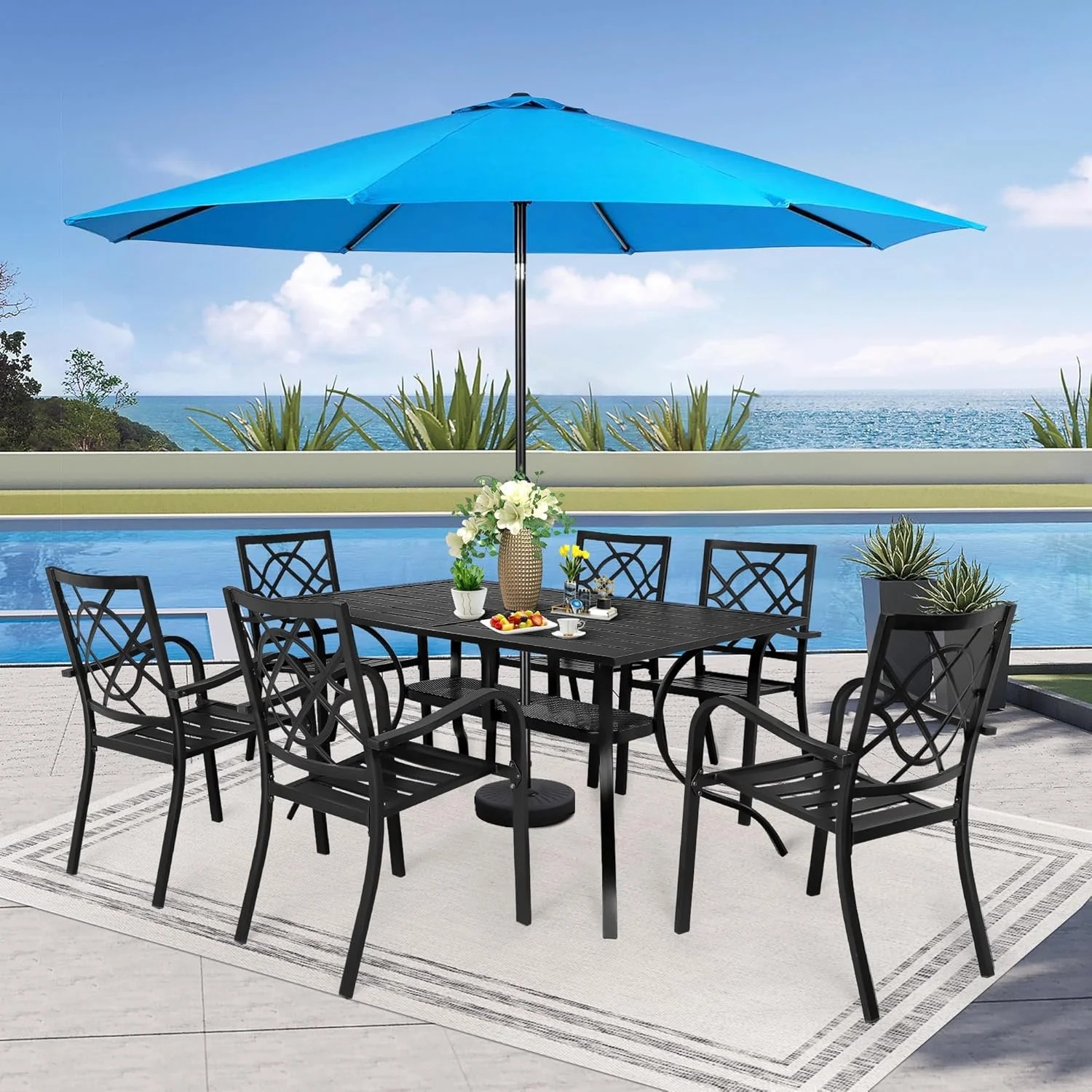 SUNCROWN 7-Piece Outdoor Wrought Iron Chairs and Table Patio Dining Furniture Set - 6 Stackable Metal Chairs, 1 Steel Slat Bistro Table and 1 Brown 9Ft Patio Umbrella for Garden Backyard Deck - Image 96