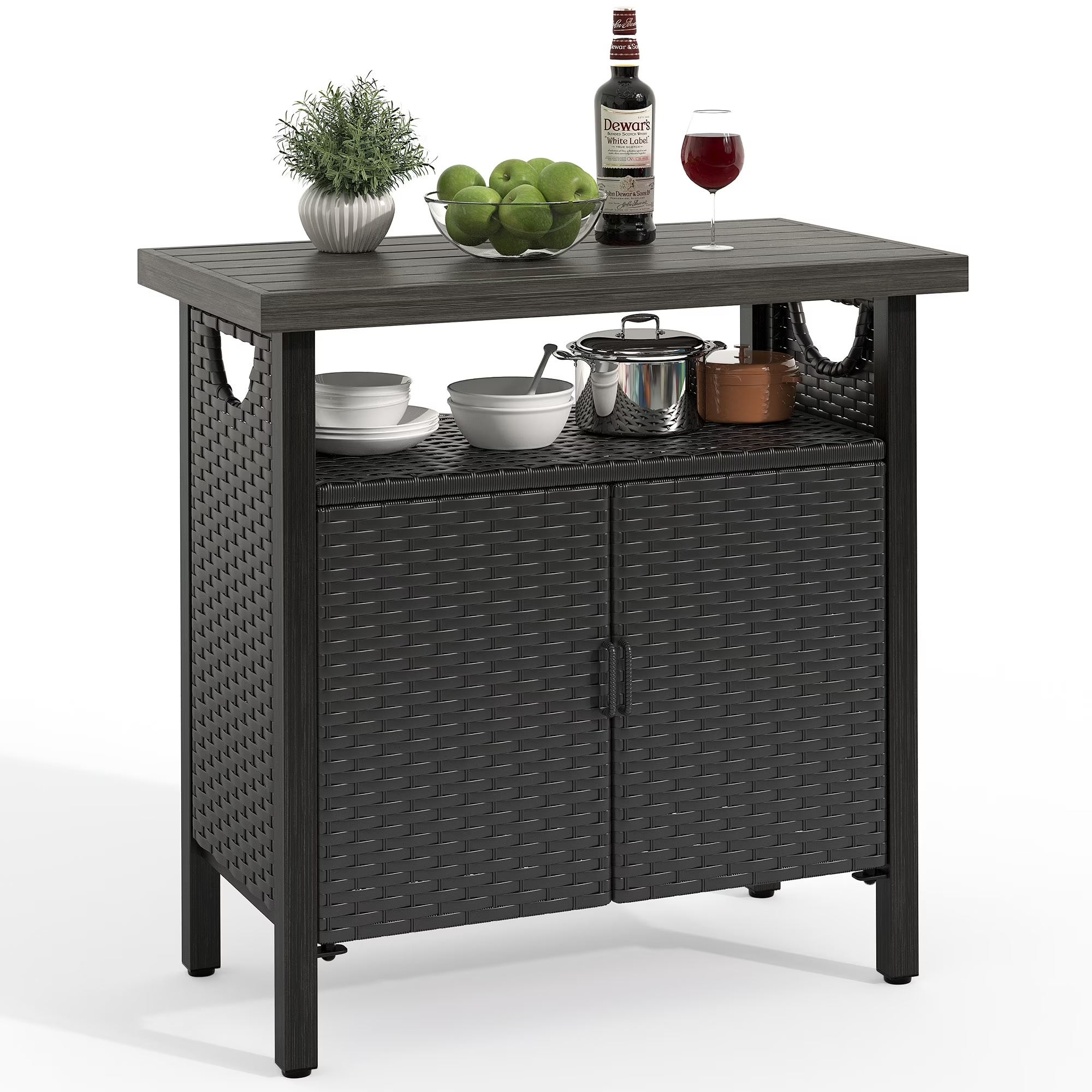 DWVO Outdoor Garden Patio Wicker Storage Cabinet with with 2 Doors and Shelves, Wicker Bar Table, Rattan Counter Table,Deck Box - Brown - Image 3