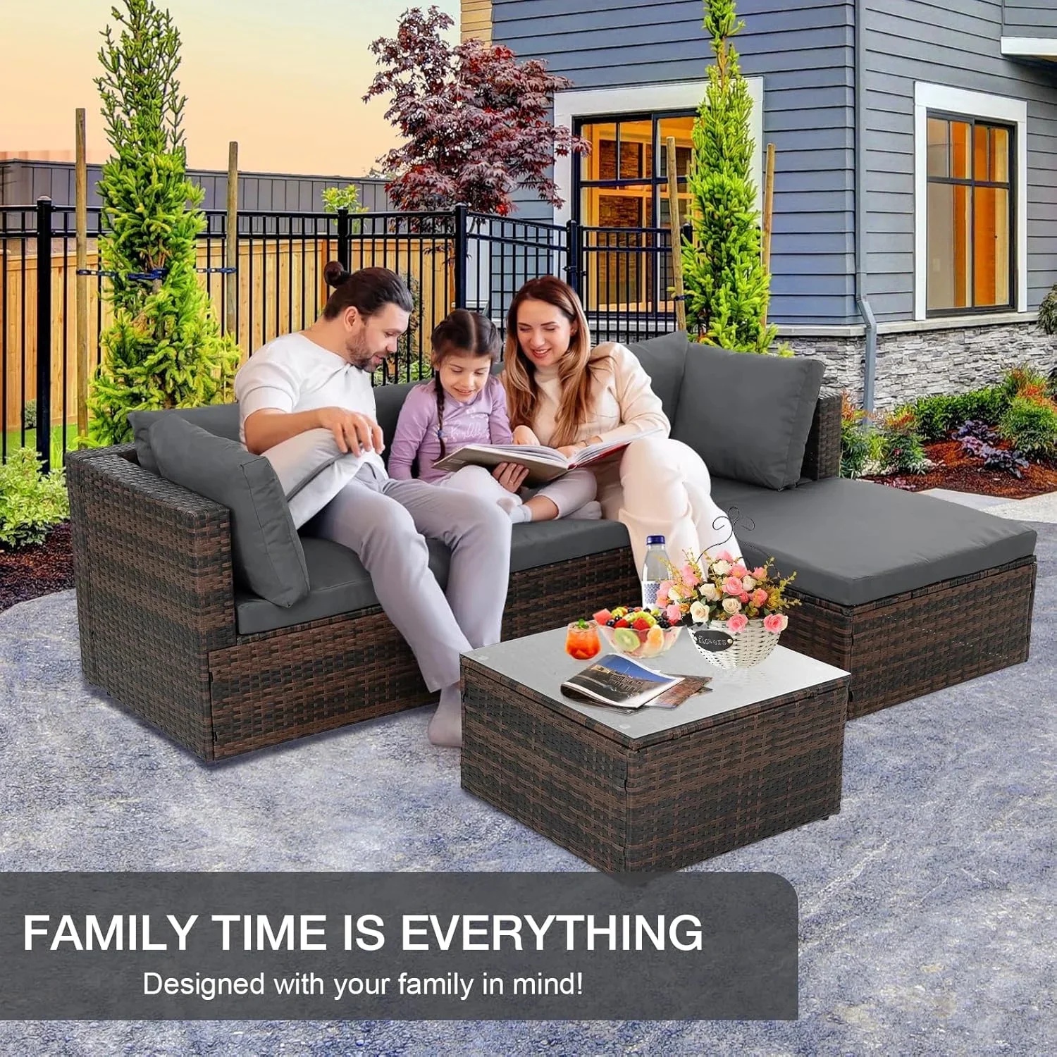 6 Pieces Wicker Patio Furniture Set Outdoor Conversation Set, All Weather PE Rattan Sectional Sofa Couch with Storage Table and Cushions, Beige - Image 22