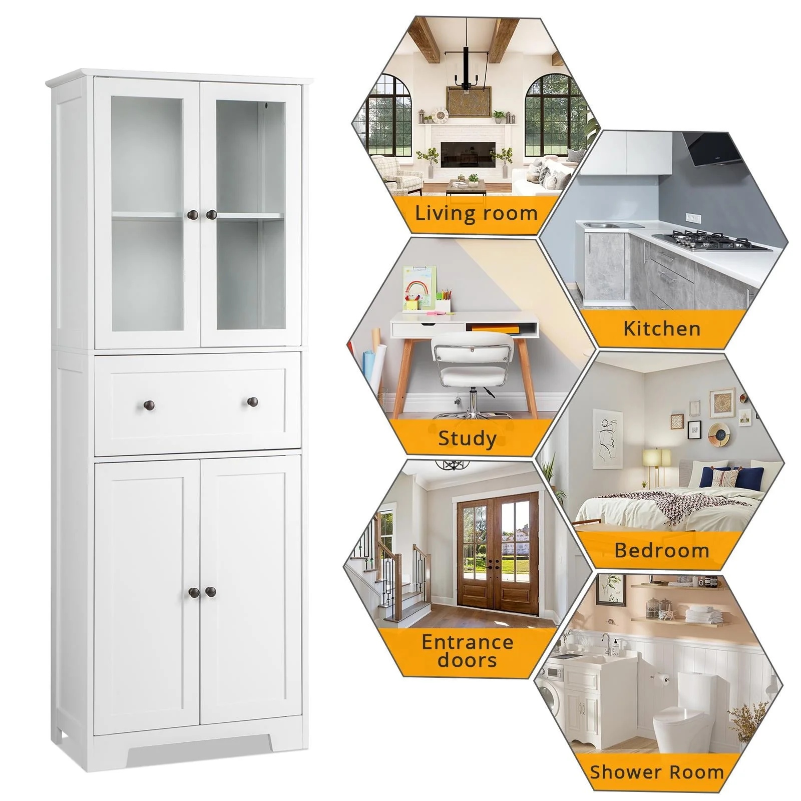 Ktaxon 64" Tall Bathroom Storage Cabinet Organizer, Freestanding Kitchen Pantry Cabinet Line Tower with 2 Glass Doors, Large Drawer & 4 Adjustable Shelves for Dining Room Living Room Home Office,White - Image 6