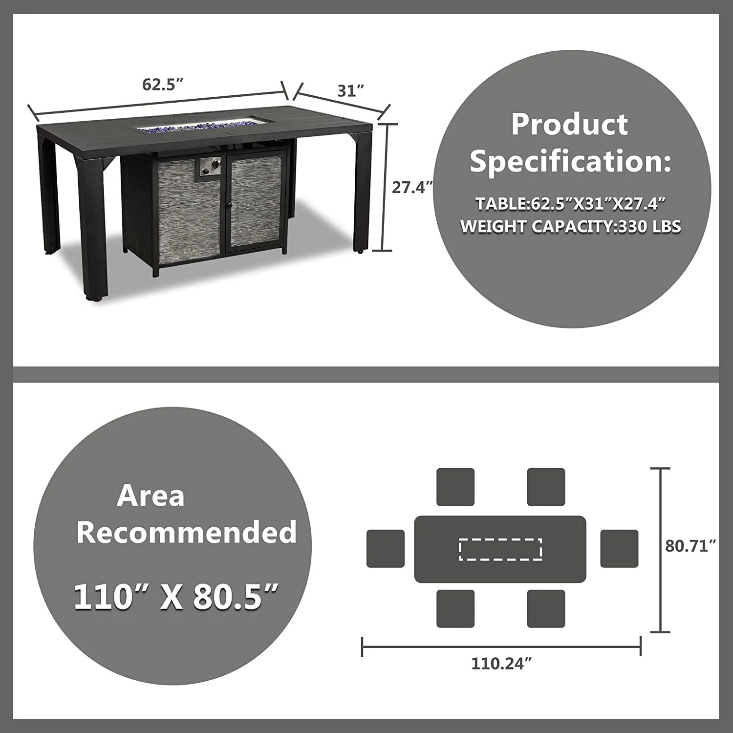 PIZZELLO Outdoor Rectangular Patio Fire Dining Table 62.5" for 6 with Fire Glass Bead, Black - Image 3