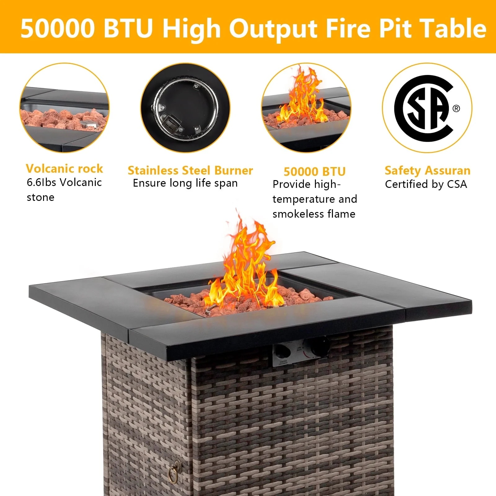 SEGMART Square Propane Fire Pit Table, Outdoor Gas Fire Pit Table with Lava Rocks and Lid, Gas Heater for Bonfire Patio Garden Backyard, 28-Inch 50,000 BTU Auto-Ignition Fire Table, CSA Certification - Image 9