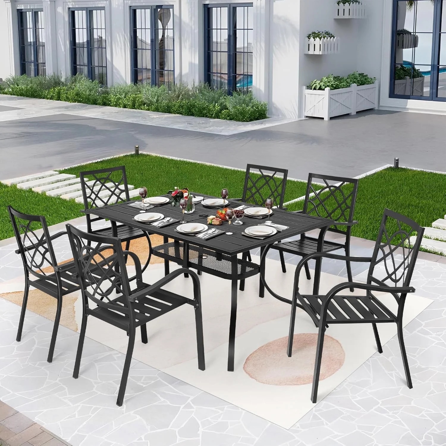 SUNCROWN 7-Piece Outdoor Wrought Iron Chairs and Table Patio Dining Furniture Set - 6 Stackable Metal Chairs, 1 Steel Slat Bistro Table and 1 Brown 9Ft Patio Umbrella for Garden Backyard Deck - Image 2