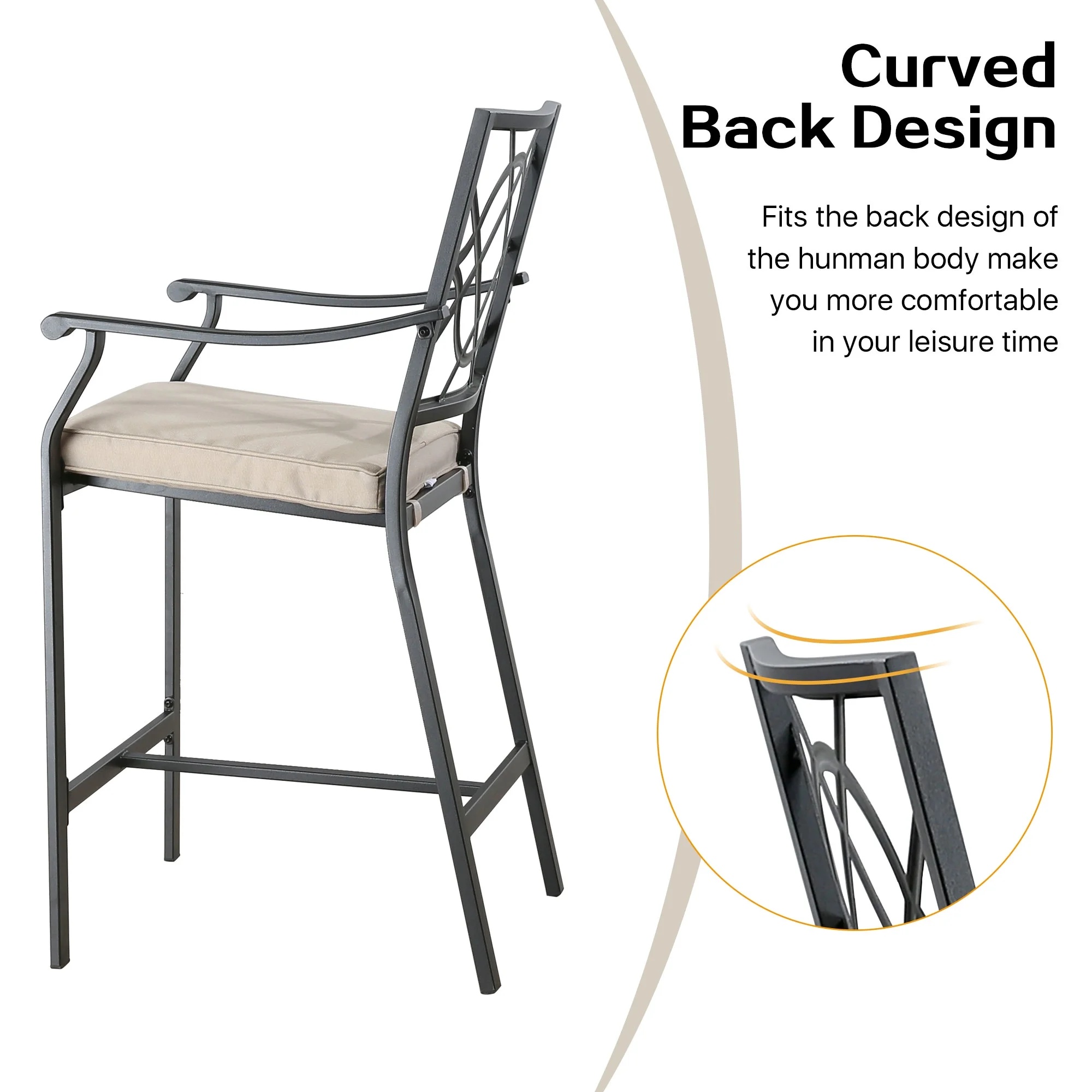 Ulax Furniture Outdoor Bar Stools Metal Patio Counter Height Bar Stool Chairs with Beige Cushion, Set of 2 - Image 5