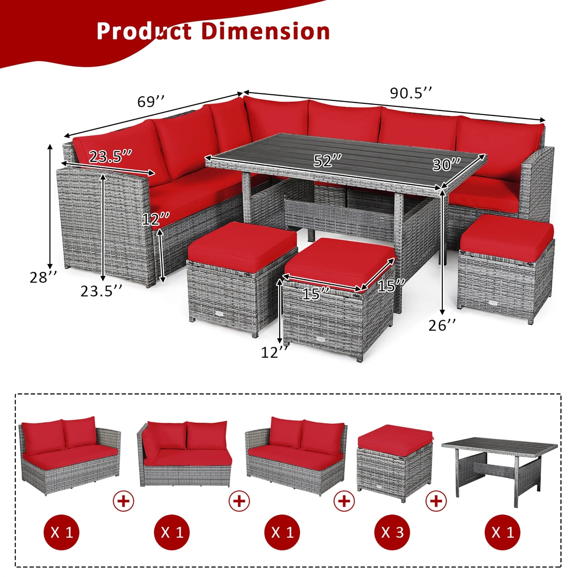 Costway 7 PCS Patio Rattan Dining Set Sectional Sofa Couch Ottoman Garden Red - Image 7