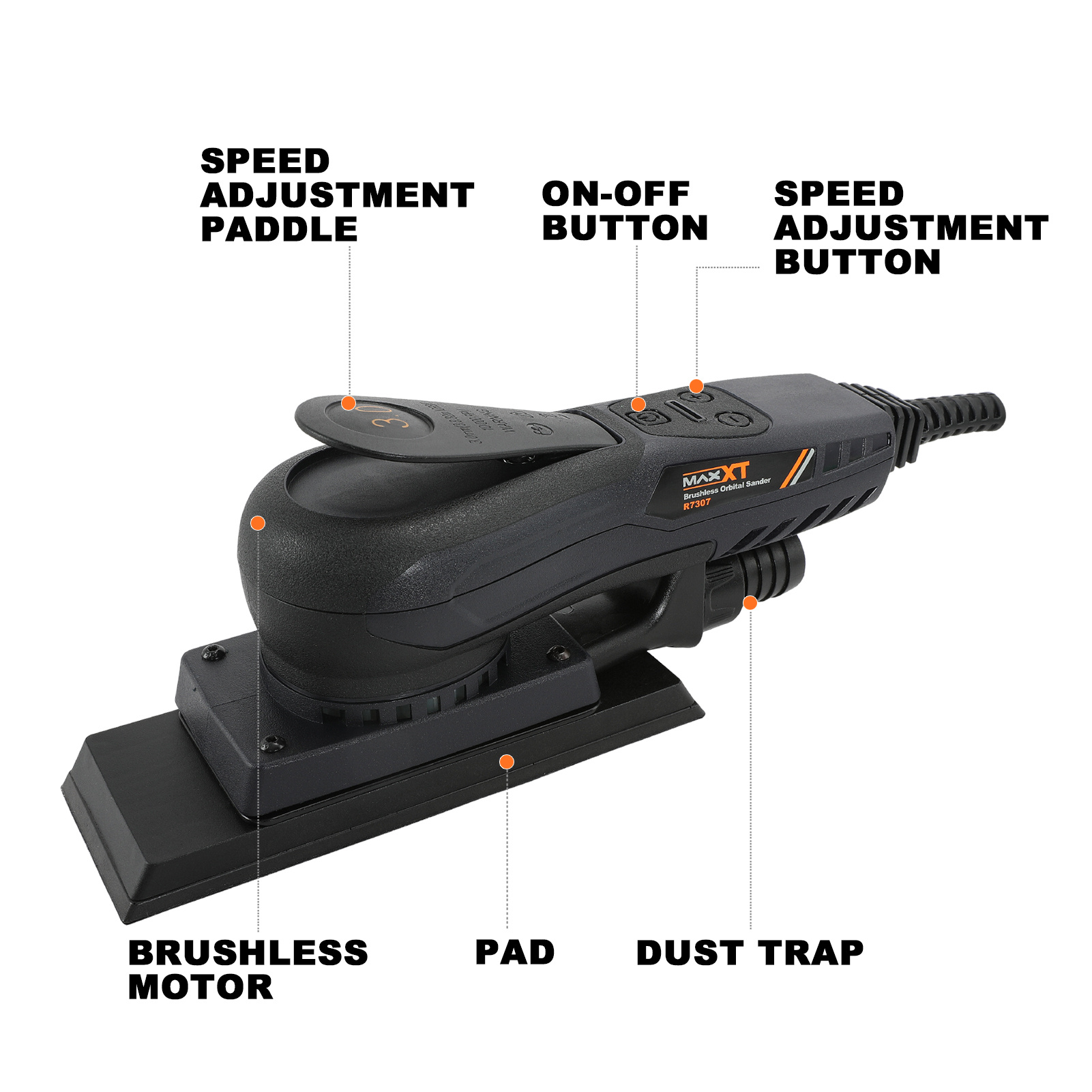 MAXXT Brushless Sheet Sander Electric 3mm Orbital 350W 3A Multi-function 10000RPM Variable Speed Corded Orbital Sanders Machine with 10 Sanding Paper for Woodworking Palm Sander Finishing Sander - Image 5