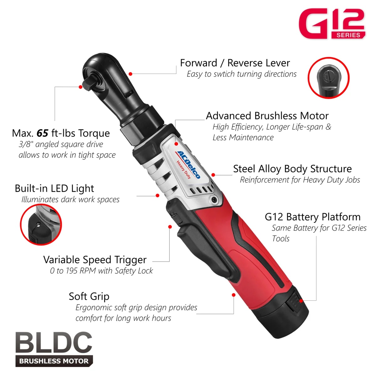 ACDelco ACDelco ARW12103-K2 G12 Series 12V Li-ion Cordless 3/8" Brushless Rachet Wrench & ?"? Impact Driver Combo Tool Kit with 2 Batteries - Image 5
