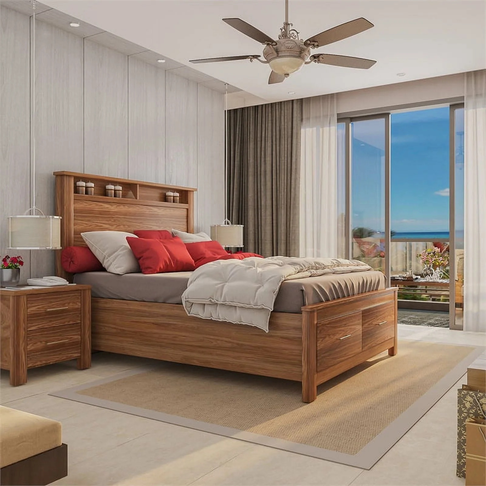 Bowery Hill Modern Design Wood Queen Bed with 2 Drawer Storage and Headboard in Oak - Image 4