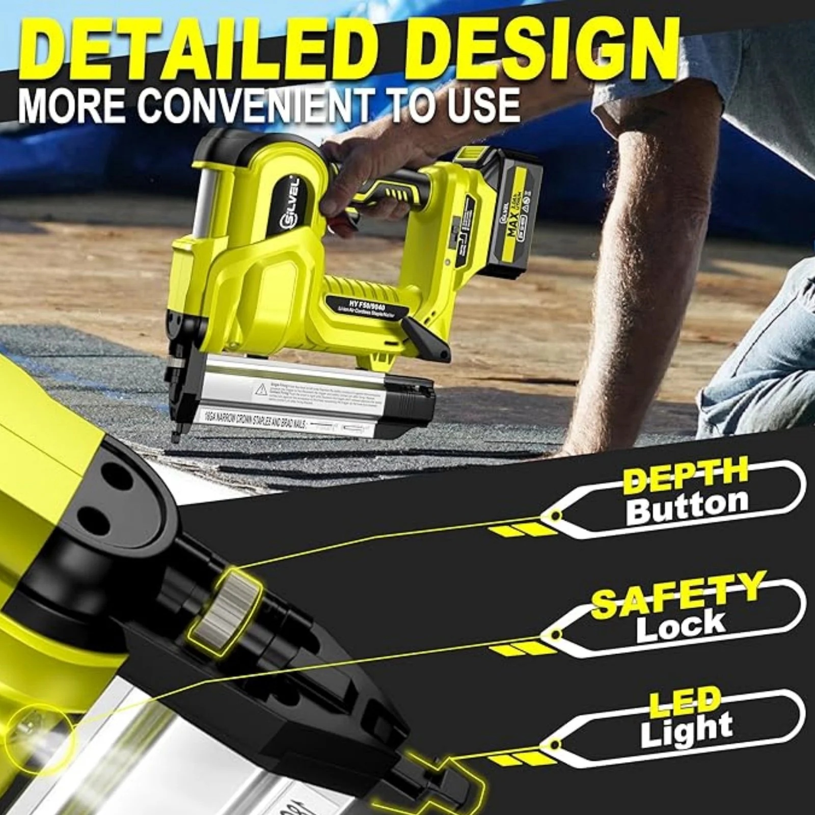 Rvchic 2-in-1 Cordless Electric Brad Nailer with 2 * 2.0Ah Battery for Upholstery,Carpentry and Woodworking,1000pcs Nails,18GA Staples Included,Yellow - Image 10