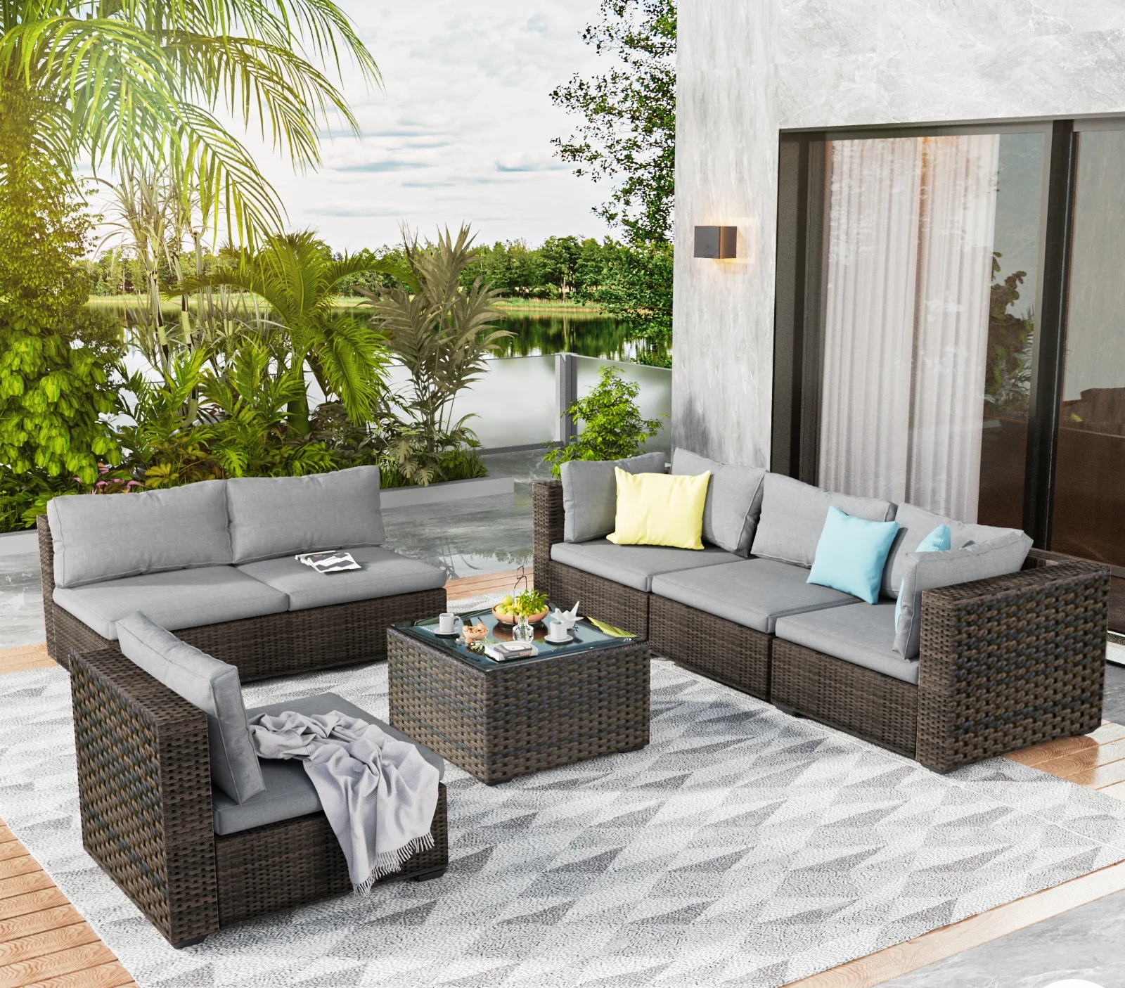 Grezone 7 Patio Outdoor Furniture Wicker Sectional Sofa Couch Lawn Sectional, Black - Image 40