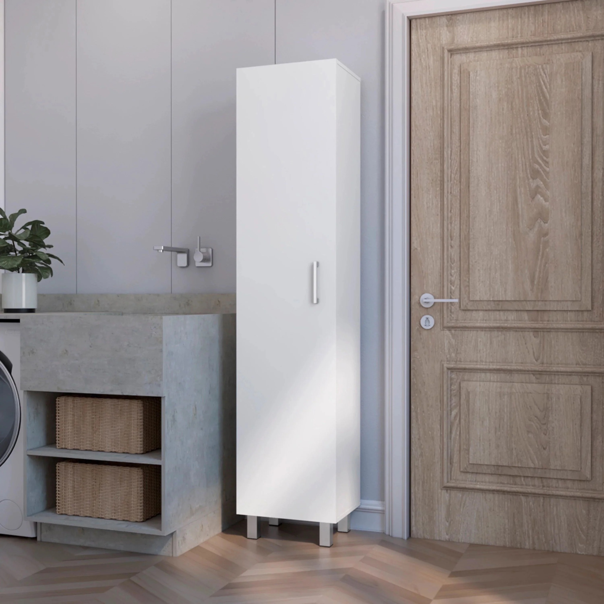 FM FURNITURE Clarno Tall Storage Cabinet, Single Door with Broom Hangers ,White - Image 5