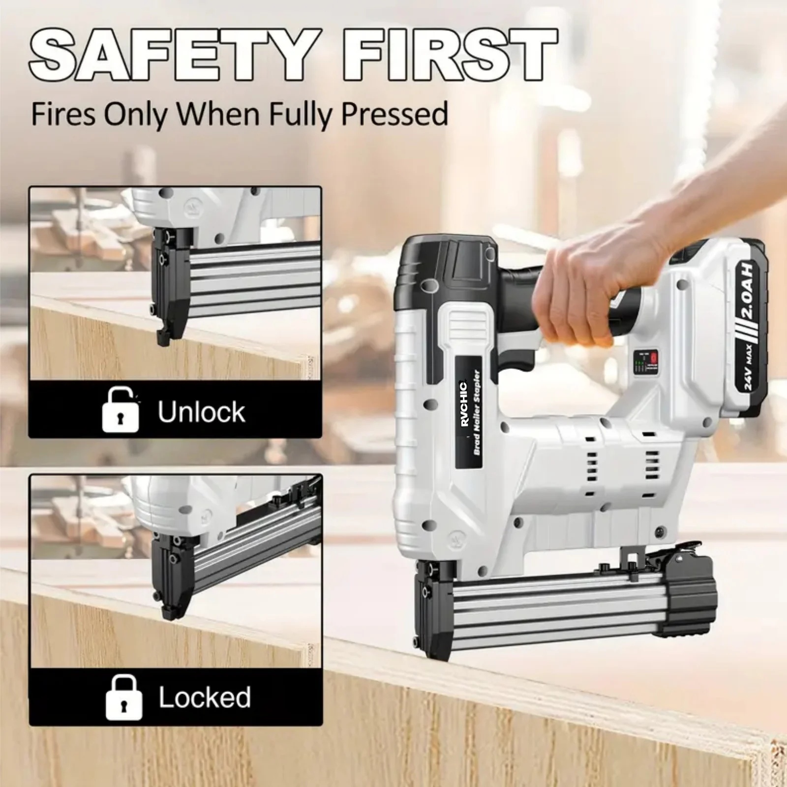 Rvchic 18 Gauge Cordless Brad Nailer,2-in-1 21V Electric Brad Nailer Stapler for Woodworking,Home Improvement,Include 1*2000mAh Battery and 1000pcs Nails - Image 4
