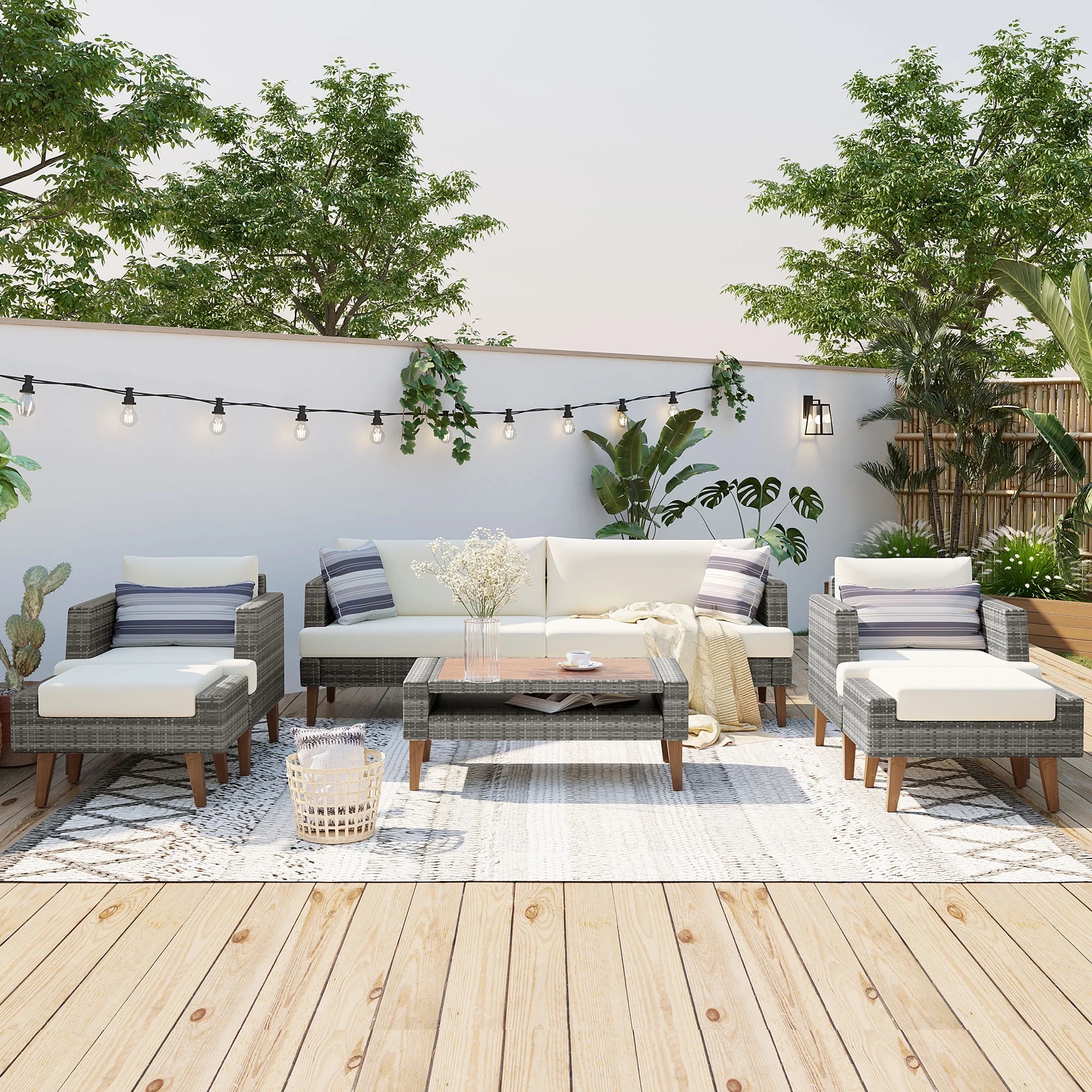 6 Pieces Wicker Patio Furniture Set Outdoor Conversation Set, All Weather PE Rattan Sectional Sofa Couch with Storage Table and Cushions, Beige - Image 2