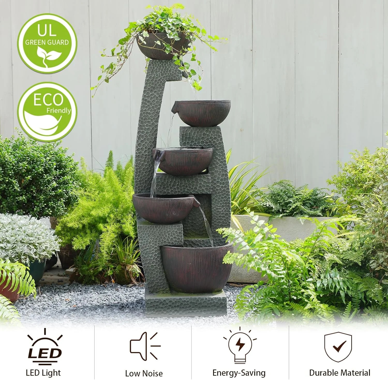 47.5" H Water Fountain Outdoor with LED Lights & Pump, 5-Tier Cascading Outdoor Fountain for Garden,Patio,Porch,Backyard,Home Art Decor Gifts for Housewarming - Image 5