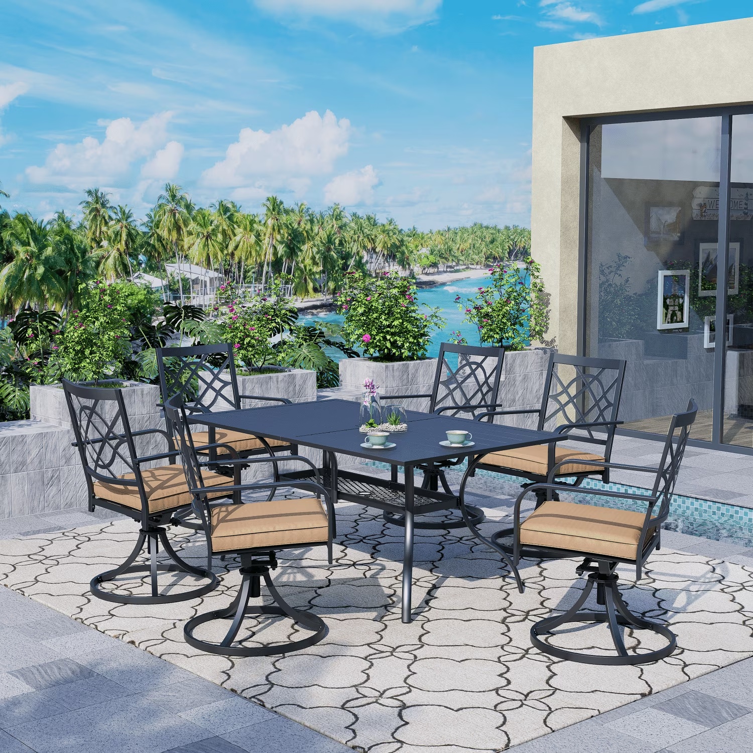 SUNCROWN 7-Piece Outdoor Wrought Iron Chairs and Table Patio Dining Furniture Set - 6 Stackable Metal Chairs, 1 Steel Slat Bistro Table and 1 Brown 9Ft Patio Umbrella for Garden Backyard Deck - Image 17