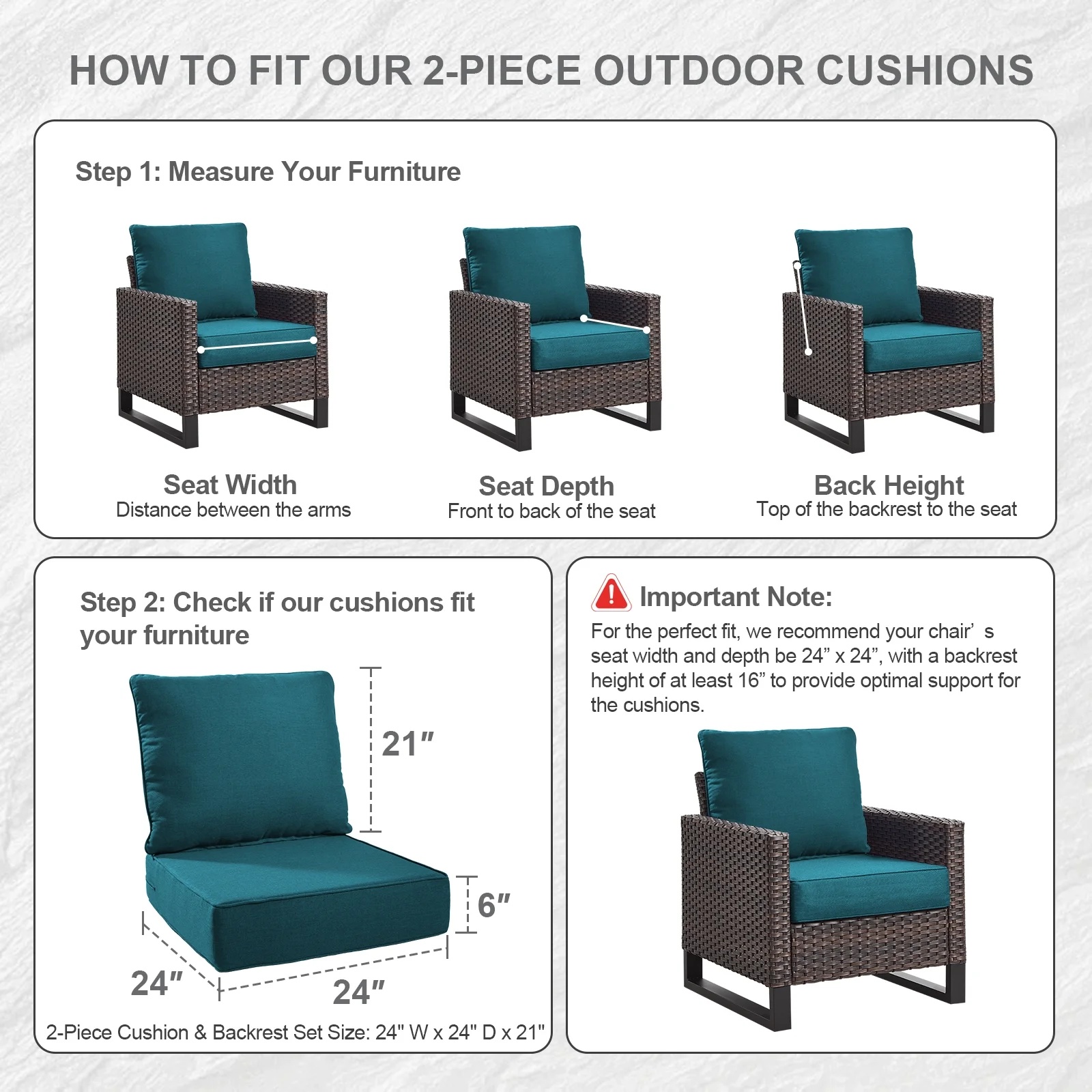 Terraloom 6 Inch Outdoor Cushions 24x24" - Water Resistant 2 Set Deep Seating Patio Chair Back&Seat Cushion for Wicker Rocking Swivel Chairs Loveseat Couch Sectional Sofa in Beige - Image 69