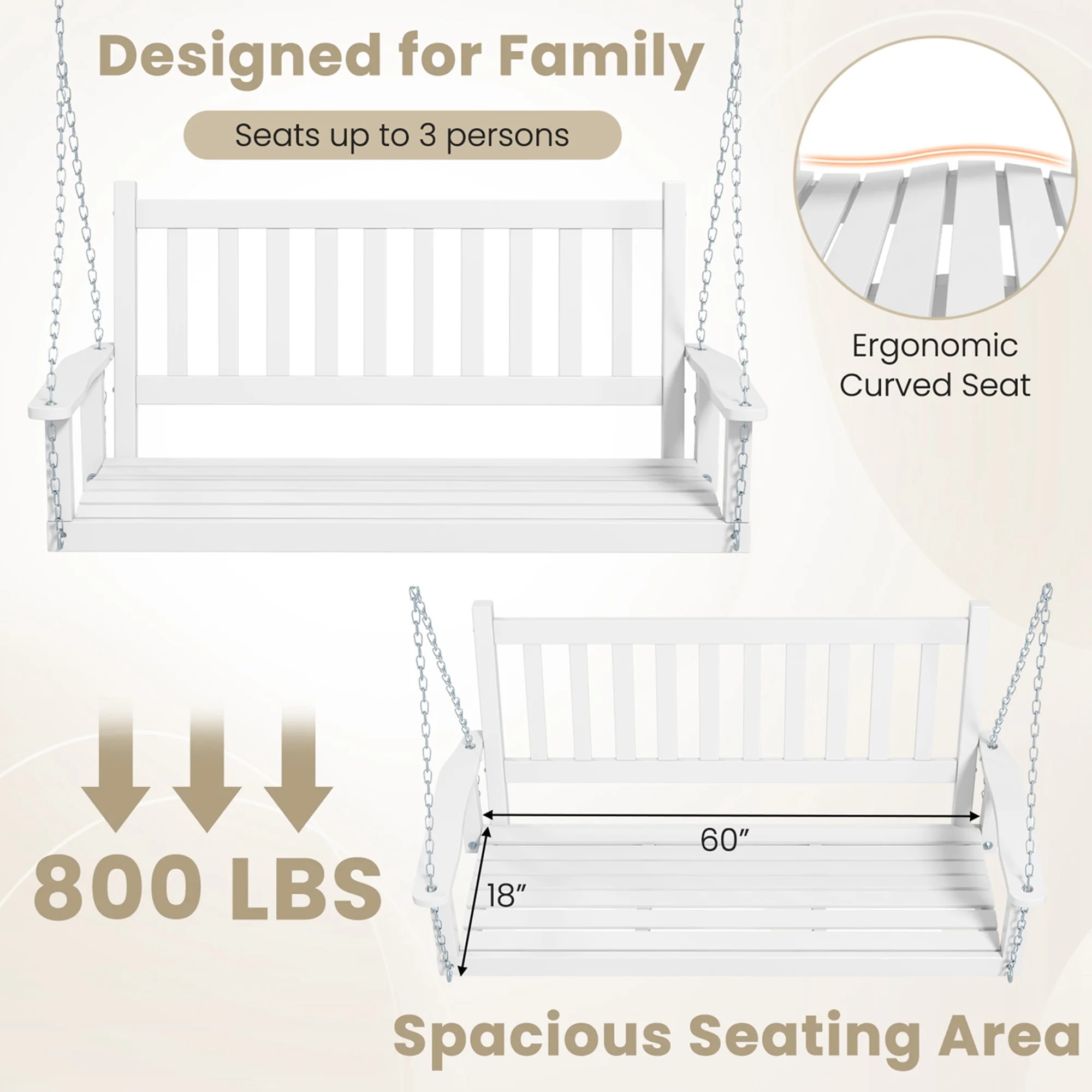 Costway 3-Person Wooden Outdoor Porch Swing Heavy Duty Patio Hanging Bench Chair White - Image 8