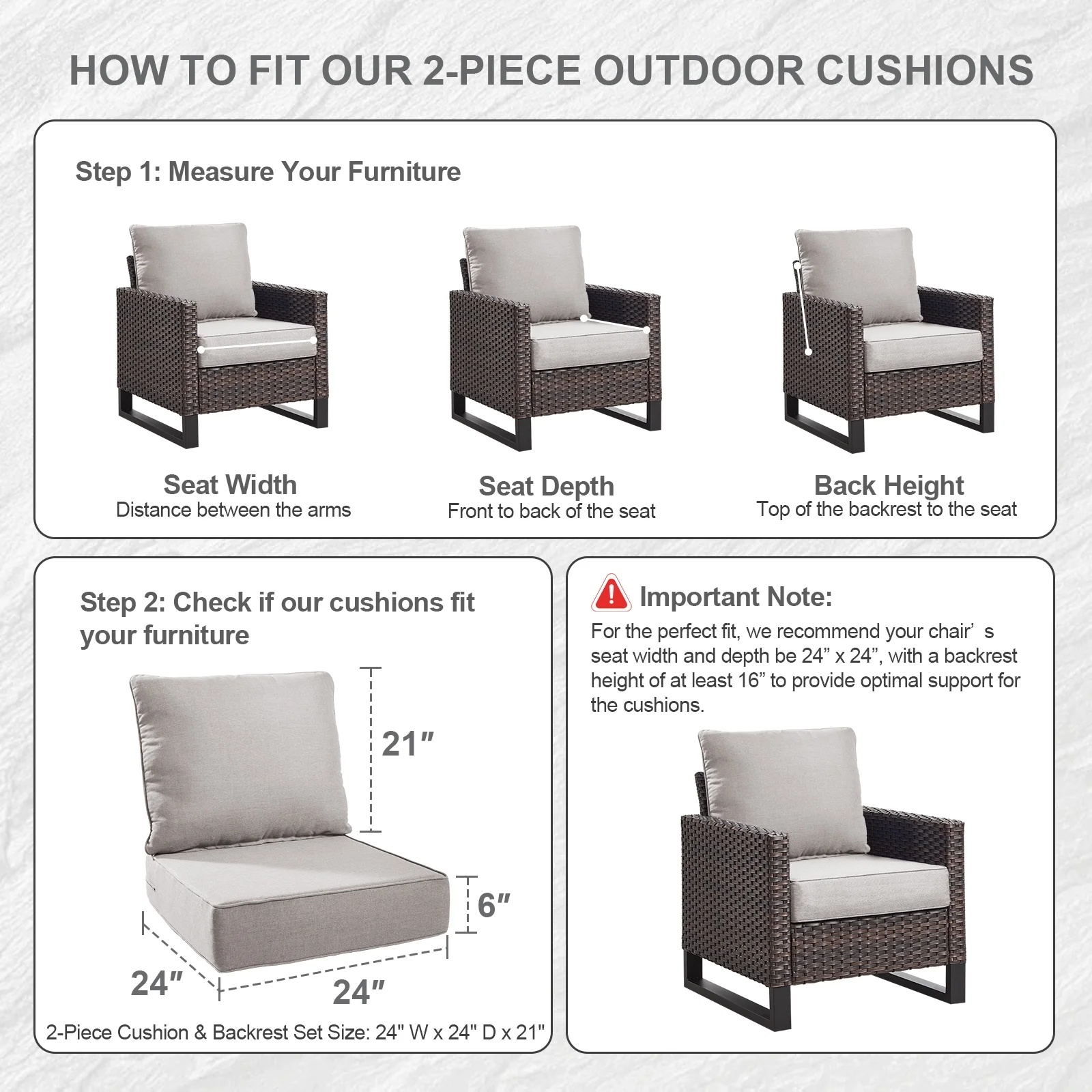 Terraloom 6 Inch Outdoor Cushions 24x24" - Water Resistant 2 Set Deep Seating Patio Chair Back&Seat Cushion for Wicker Rocking Swivel Chairs Loveseat Couch Sectional Sofa in Beige - Image 11