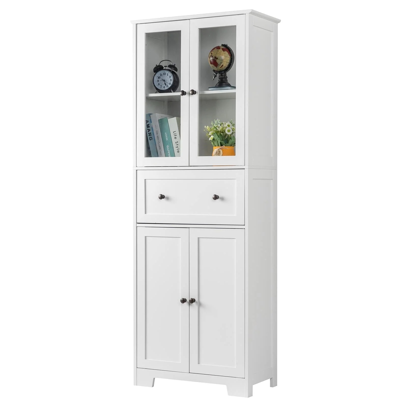 Ktaxon 64" Tall Bathroom Storage Cabinet Organizer, Freestanding Kitchen Pantry Cabinet Line Tower with 2 Glass Doors, Large Drawer & 4 Adjustable Shelves for Dining Room Living Room Home Office,White - Image 2
