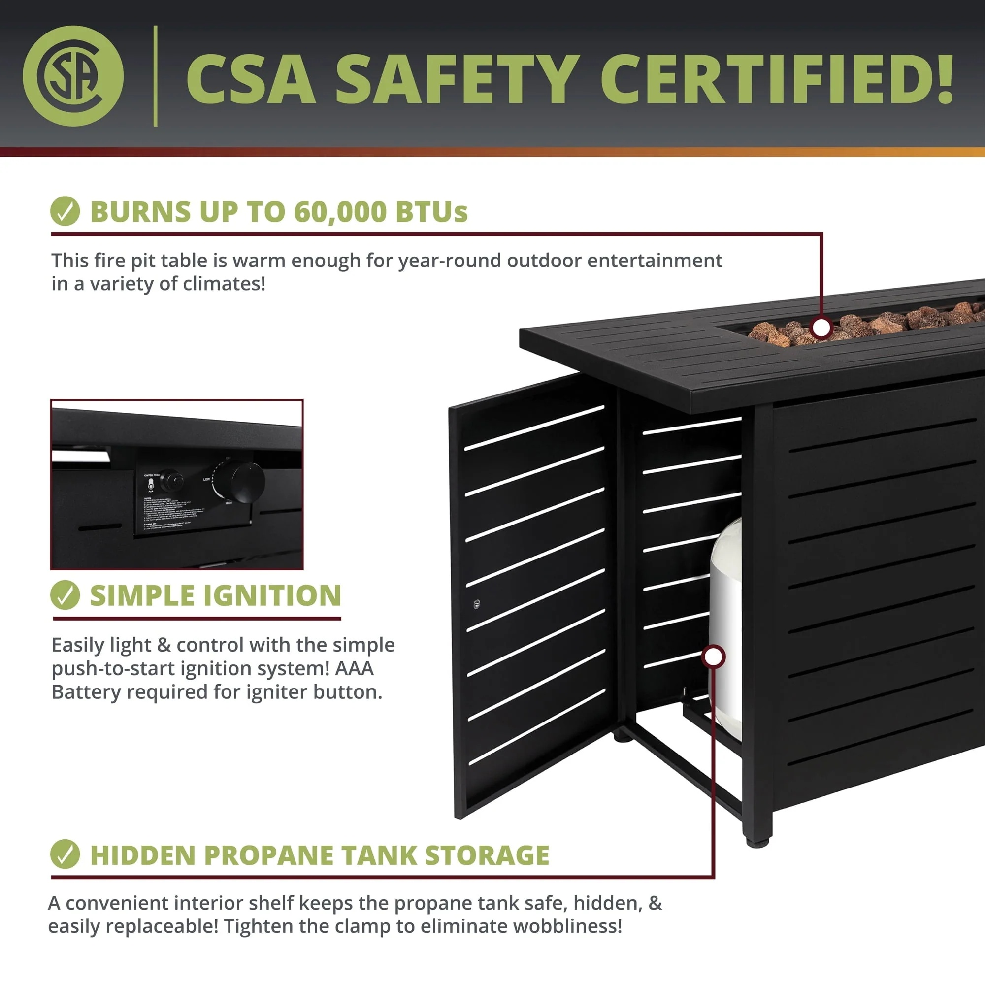 Kinger Home 42 inch Outdoor Propane Fire Pit Table for Patio, 50,000 BTU CSA Certified, Aluminum Frame, Lid, Weather Cover, Lava Rocks - Image 6