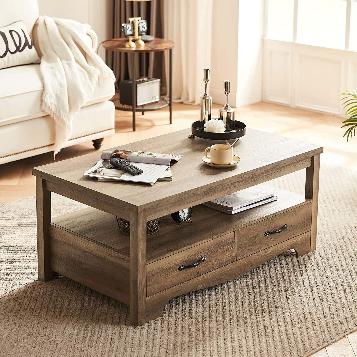 LINSY HOME Farmhouse Coffee Table with Storage, Wood Coffee Table for Living Room, Open Display Area and Storage Drawers with Metal Handles, Chic Style with Curved Base, Brown - Image 10