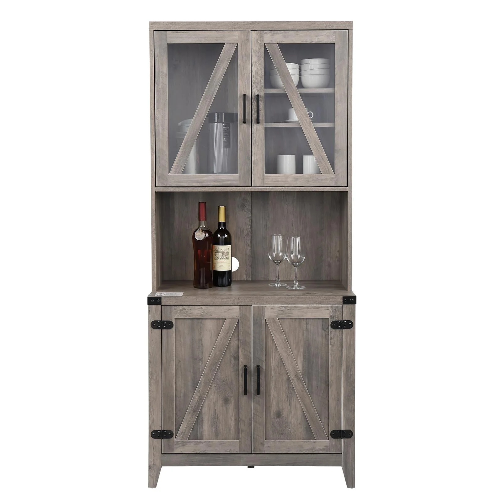 Freestanding Rustic Kitchen Buffet with Hutch, Pantry Storage Cabinet with Adjustable Shelf Grey Oak - Image 5