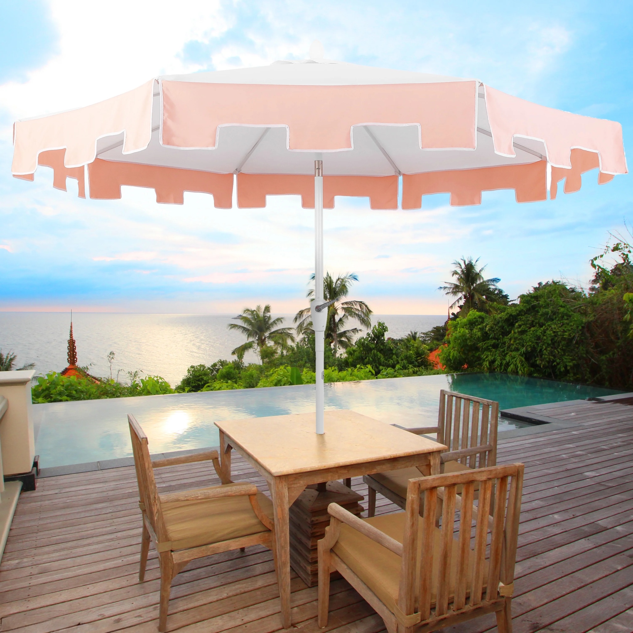 JONATHAN Y Baiona 9 ft. Market Patio Umbrella, Classic Mid-Century with UV Protection, Auto-Tilt, Crank and Wind Vent, White/Coral Pink - Image 2