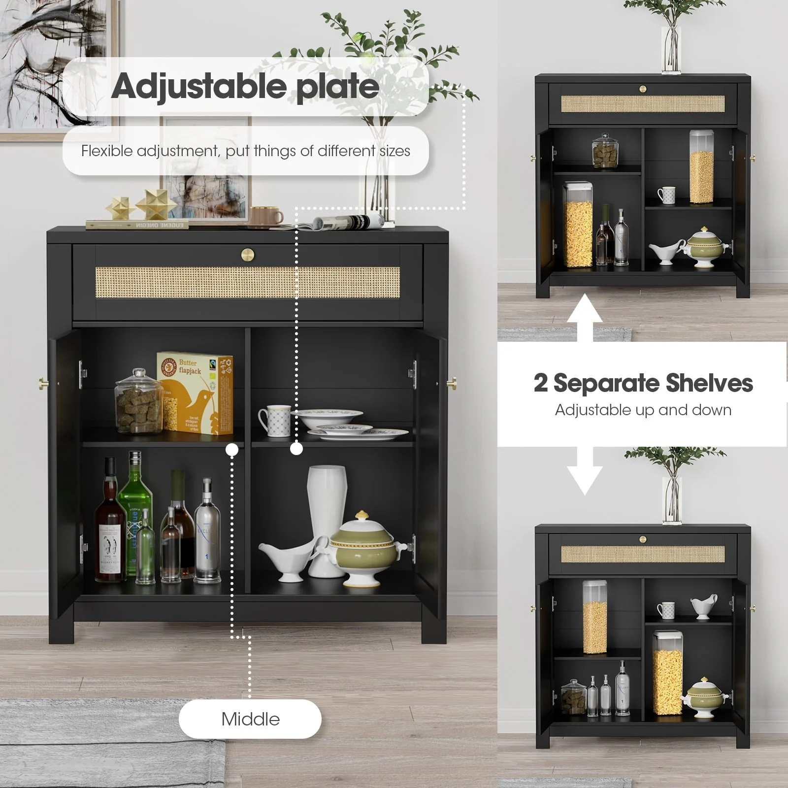 Eumyviv Black Sideboard Buffet Storage Cabinet with Door and Drawer, Natural Rattan Kitchen Accent Storage Cabinet Free Standing, Black H0085 - Image 4