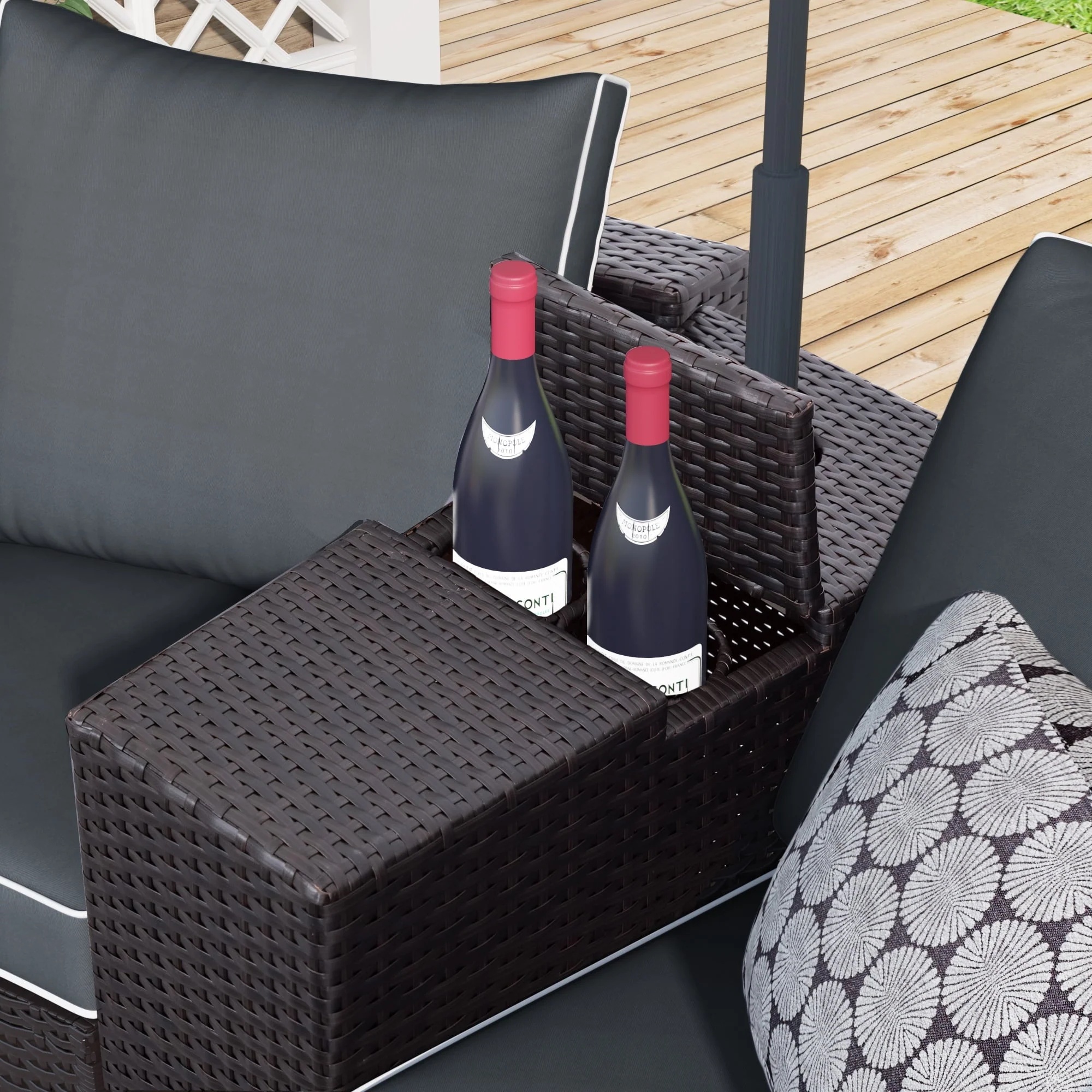 BTMWAY 6 Piece Outdoor Patio Sofa Furniture Set, BTMWAY PE Wicker Half Moon Outdoor Sectional Sofa Set with Side Table for Umbrella, Multifunctional Round Table, Gray Cushions, Pillows, Brown Rattan - Image 5