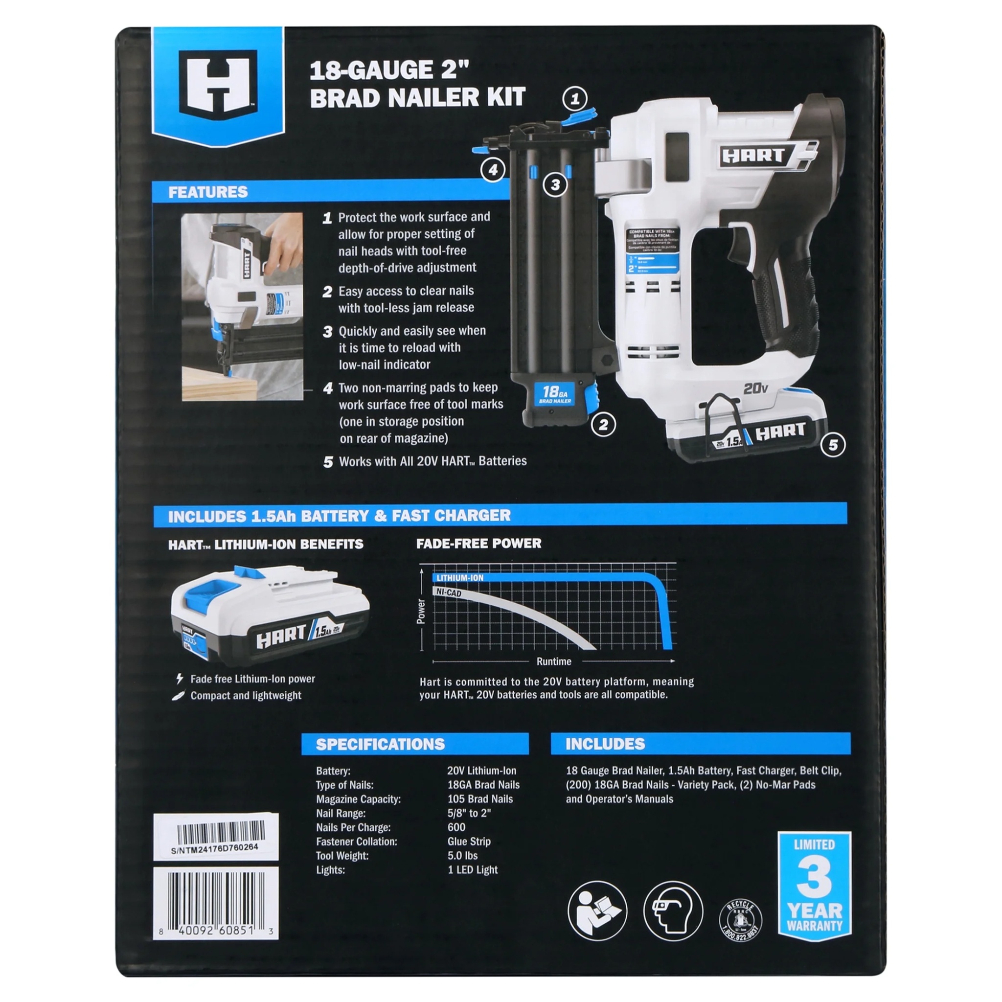 HART 20-Volt 2-inch 18-Gauge Battery-Powered Brad Nailer Kit, (1) 1.5Ah Lithium-Ion Battery - Image 19