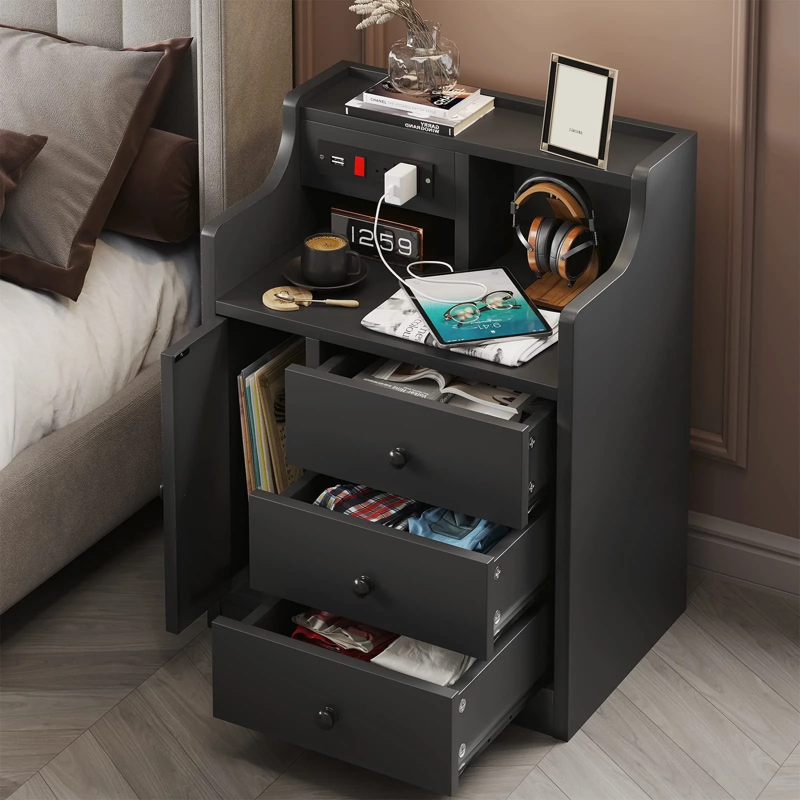 Nightstand with 3 Storage Drawers and Hutch, Black Night Stand with Charging Station End Side Table with 1 Door, Modern Bedside Table for Bedroom - Image 11