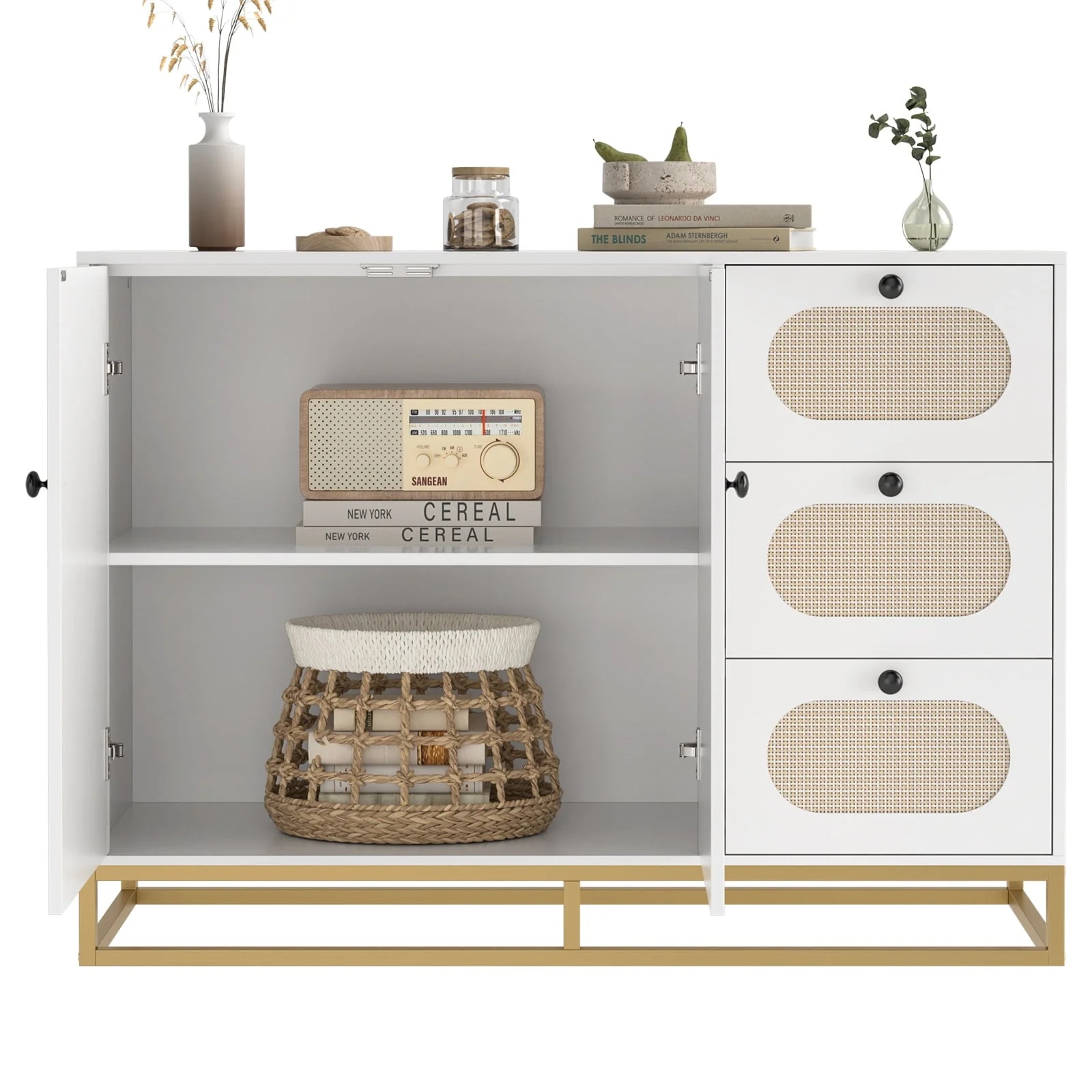 Homfa 3 Drawers Accent Storage Cabinet, 34.2"H Gold Buffet Sideboard with Rattan Doors for Living Room, White - Image 7