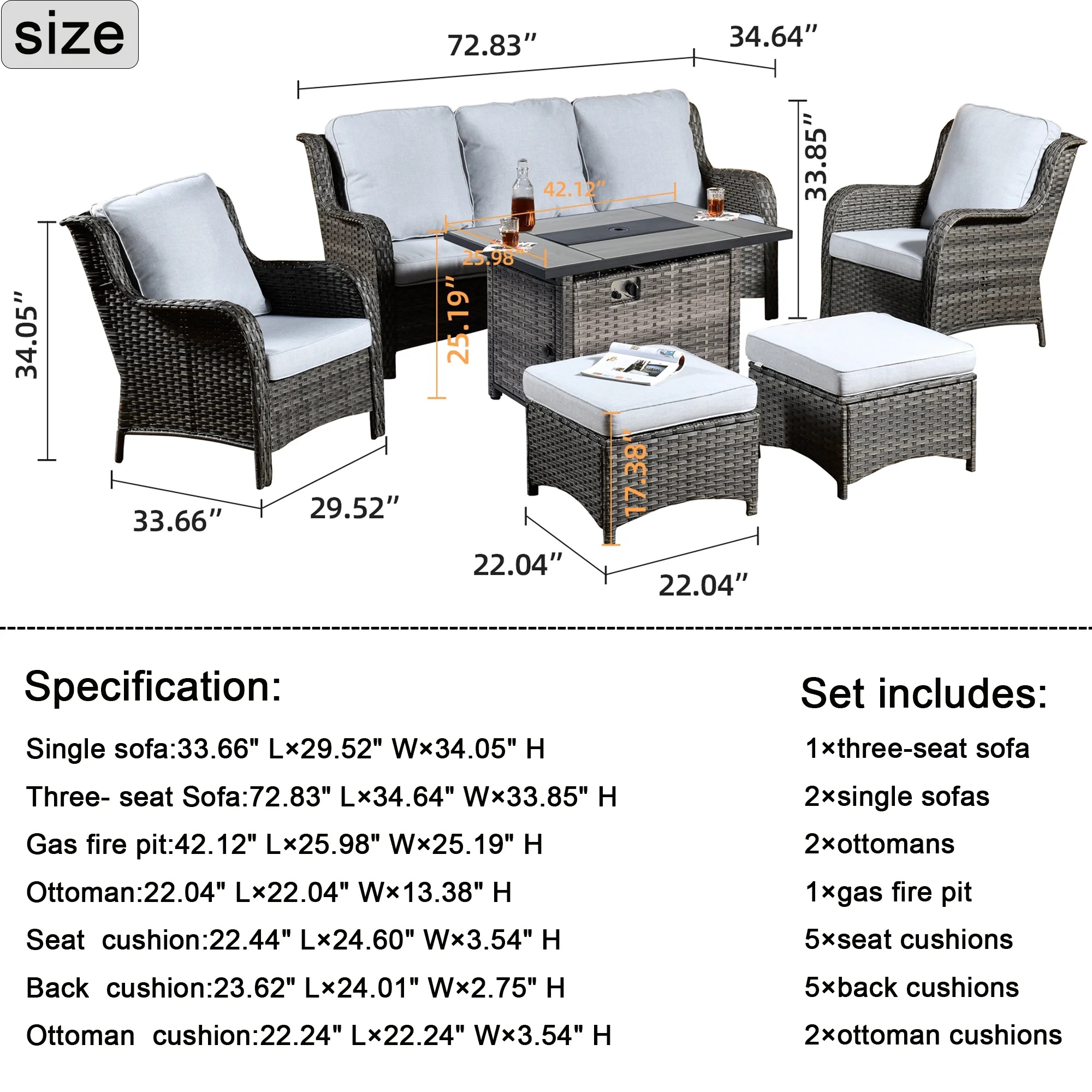 Ovios 6 Pieces Outdoor Furniture with CSA Fire Pit Wicker Patio Conversation Set All Weather Sectional Sofa for Porch - Image 13