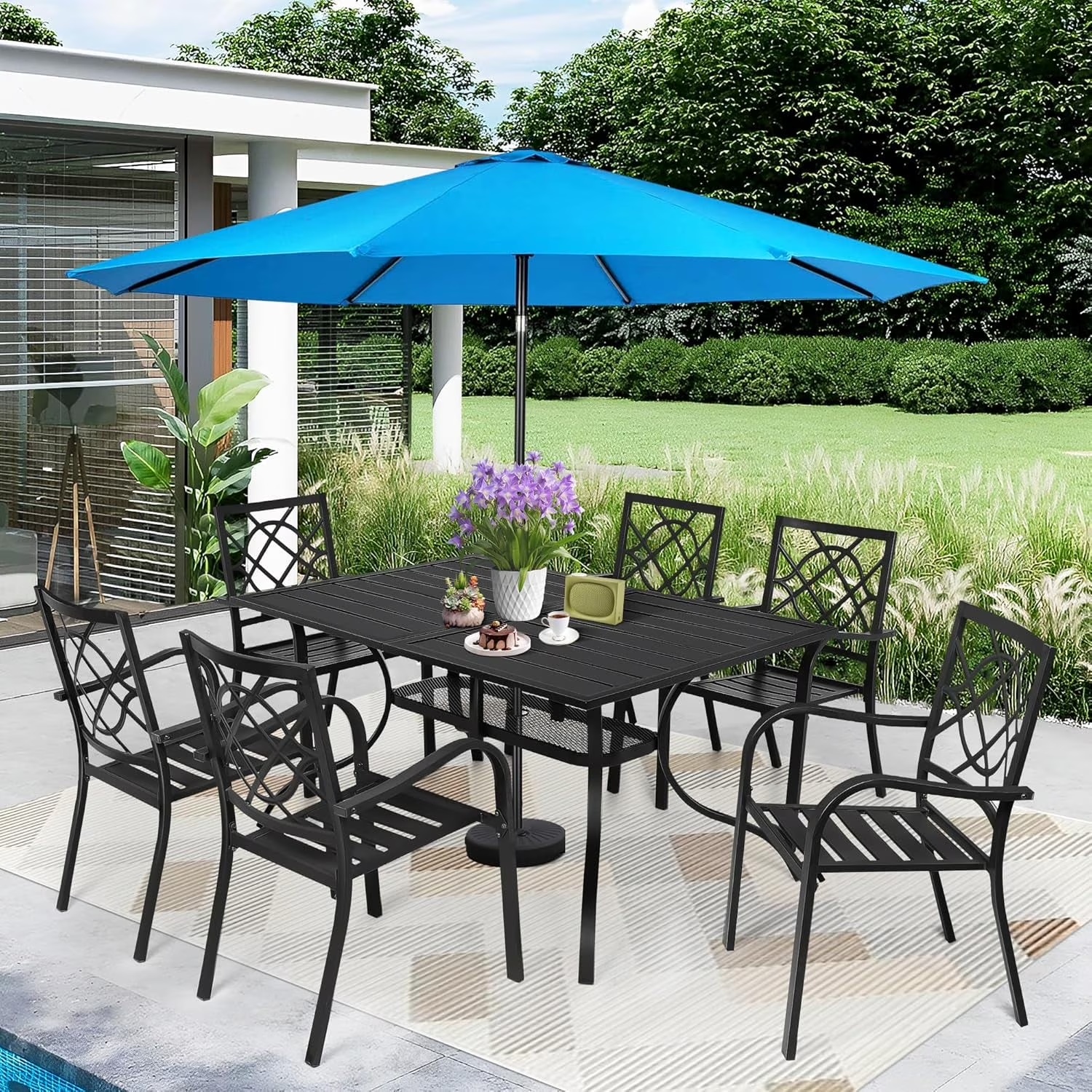 SUNCROWN 7-Piece Outdoor Wrought Iron Chairs and Table Patio Dining Furniture Set - 6 Stackable Metal Chairs, 1 Steel Slat Bistro Table and 1 Brown 9Ft Patio Umbrella for Garden Backyard Deck - Image 30