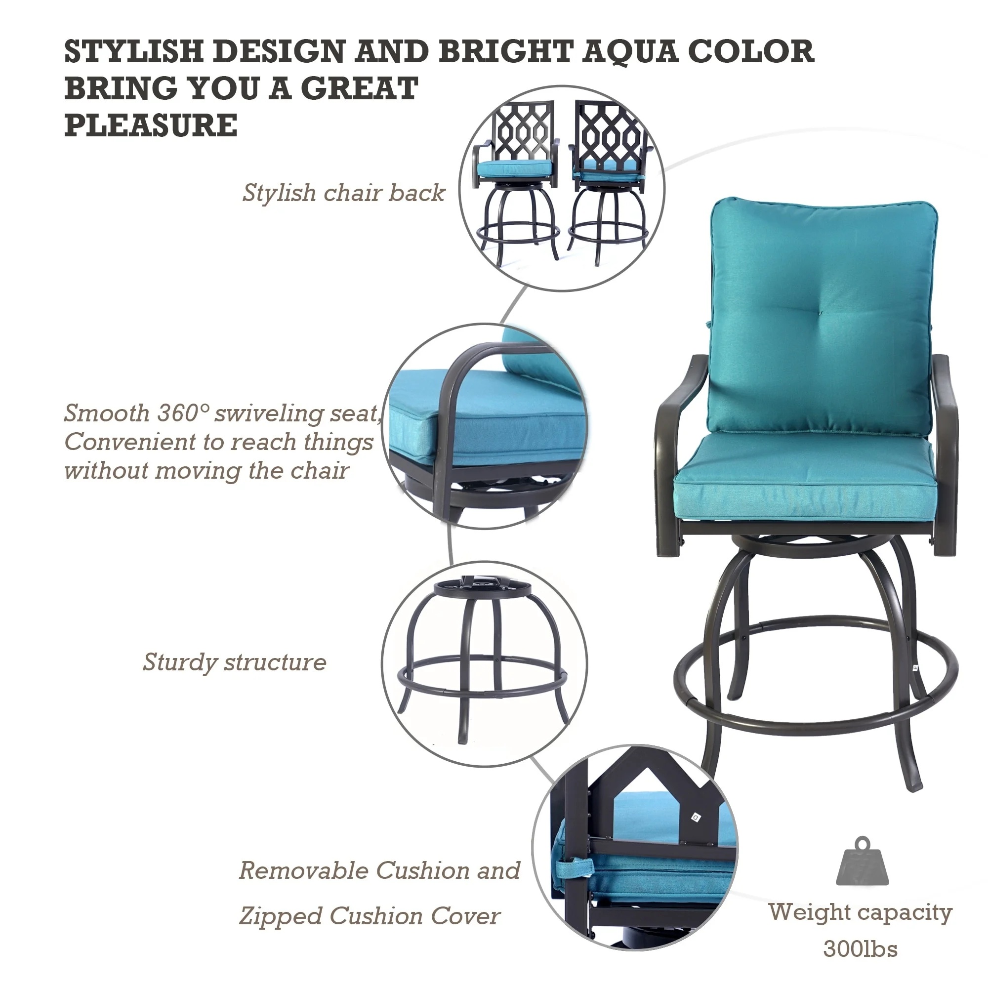 Kozyard Isabella High Swivel Bar Stools/Chair Set for Home Patio, Back Yard, Cafes, Bistro, Restaurants and Chic Bars (Aqua) - Image 4