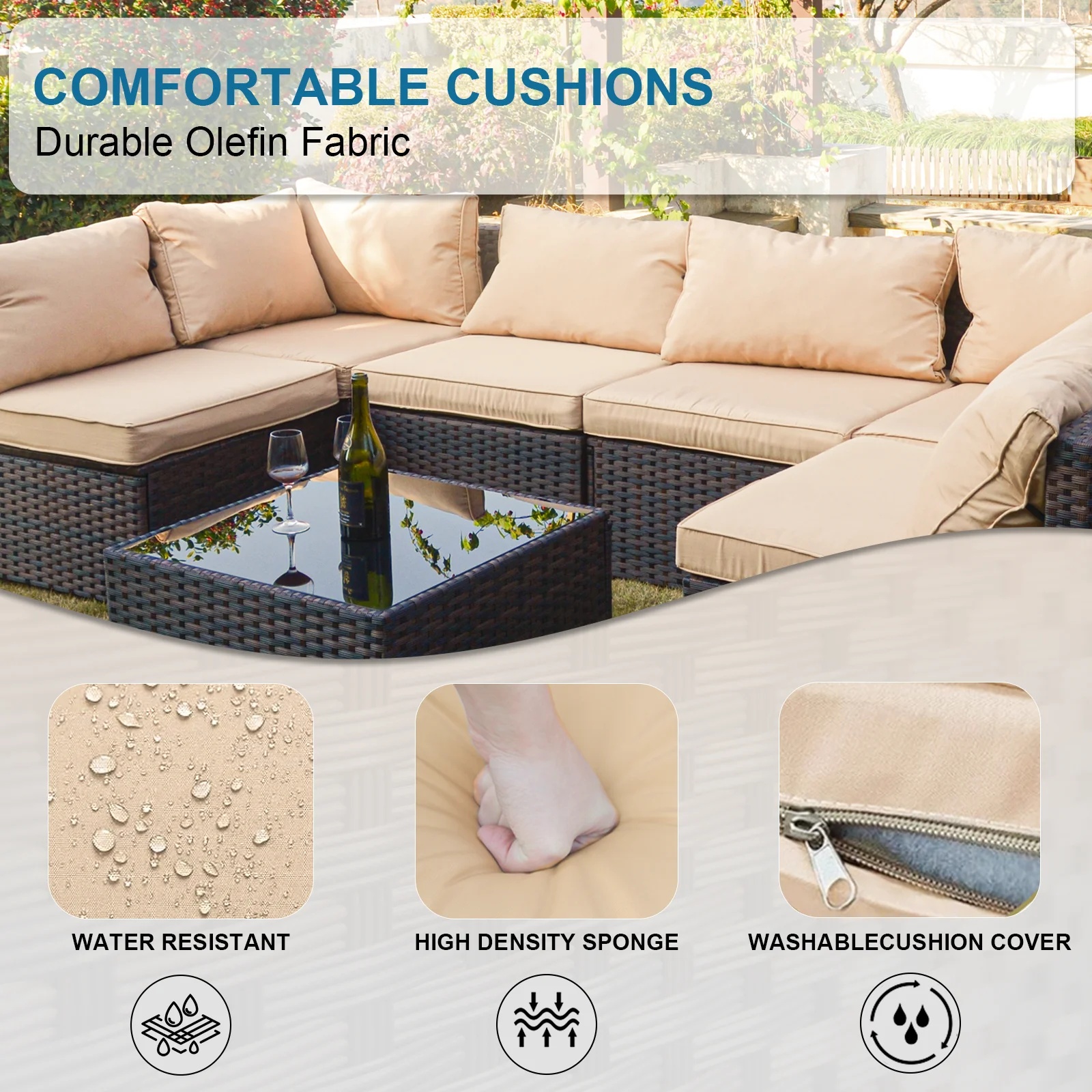 Grezone 7 Patio Outdoor Furniture Wicker Sectional Sofa Couch Lawn Sectional, Black - Image 30