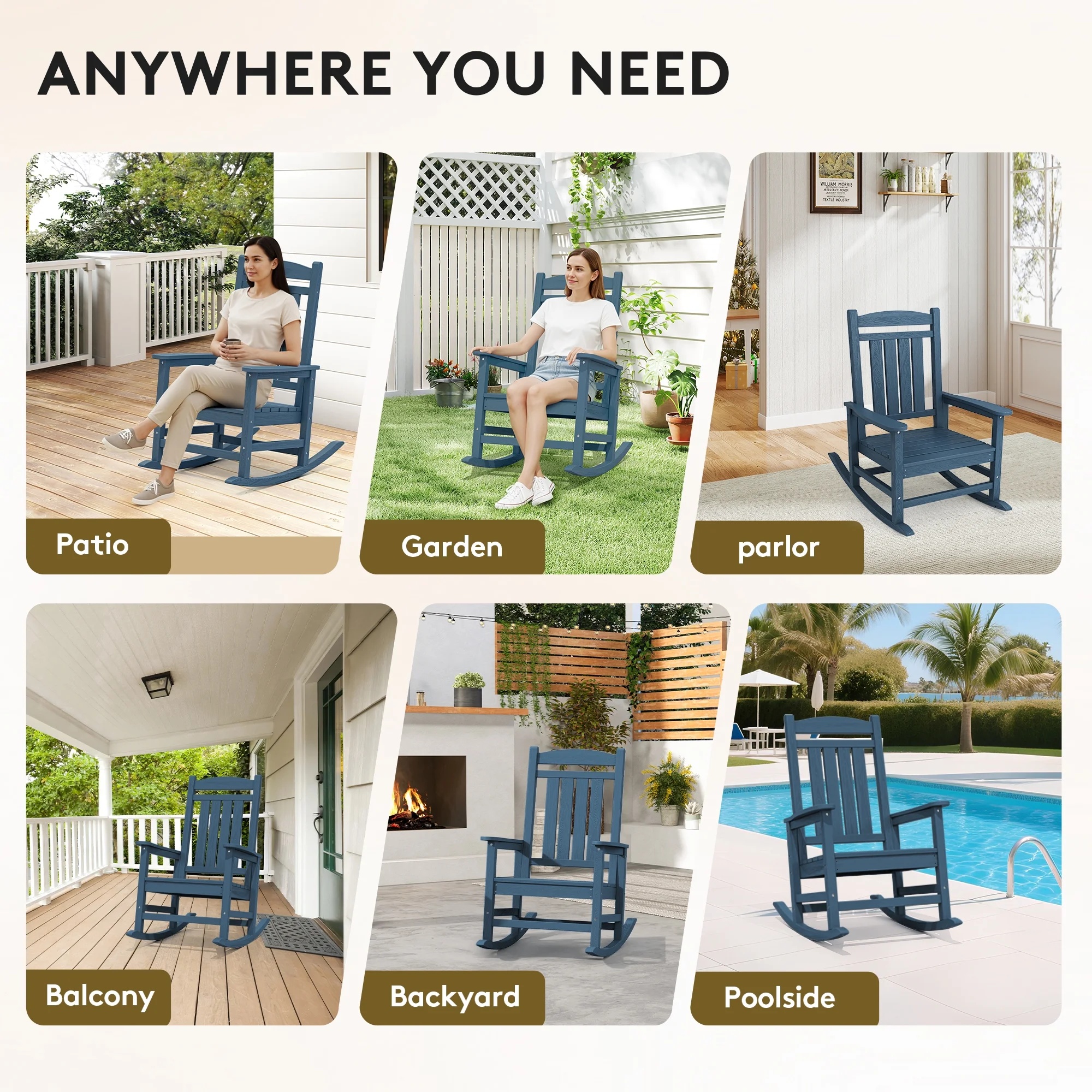 KINGYES HDPE Outdoor Rocking Chairs Set of 2,HDPE Patio Rocker for Porch,Black - Image 48
