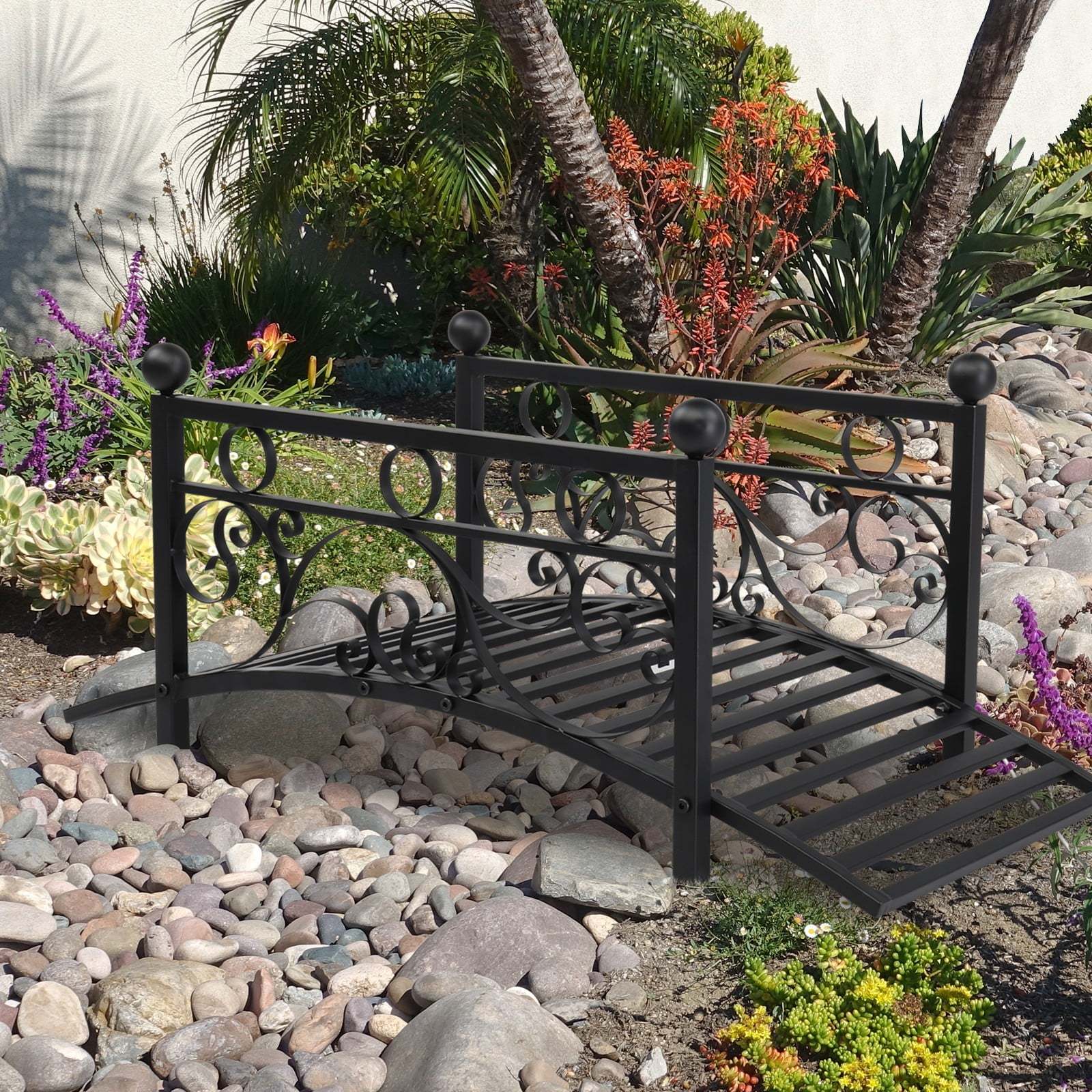 Garden Bridge, Metal Arch Backyard Garden Bridge Safety Siderails, Arch Path Bridge, Ourdoor Decorative Iron Foot Bridge for Pond and Backyard Landscaping (Black with Ball Flat Top), (47 x 26 x 28)" - Image 5