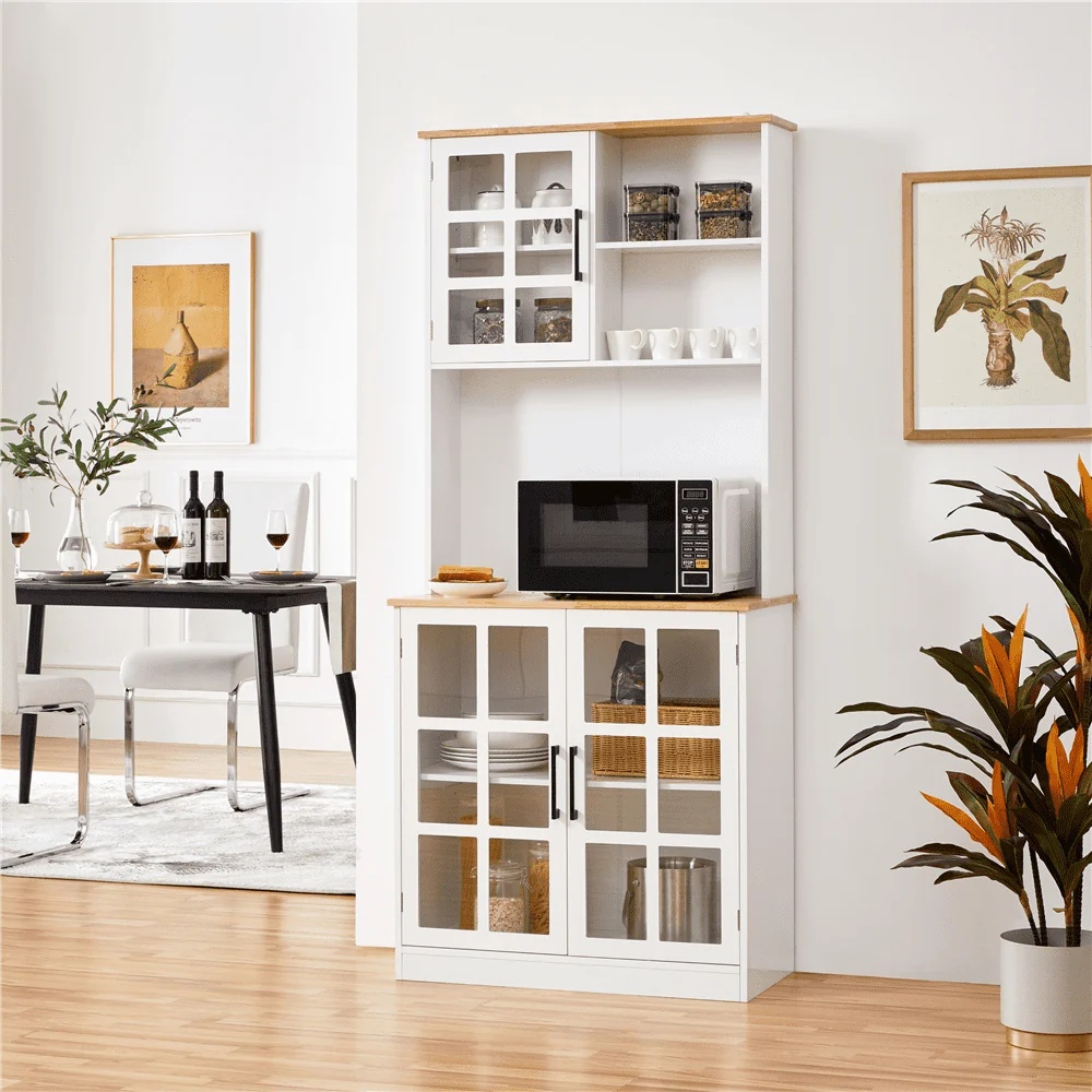 SmileMart 72"H Kitchen Pantry Storage with 3 Cabinets 2 Open Shelves for Dining Room, White - Image 2