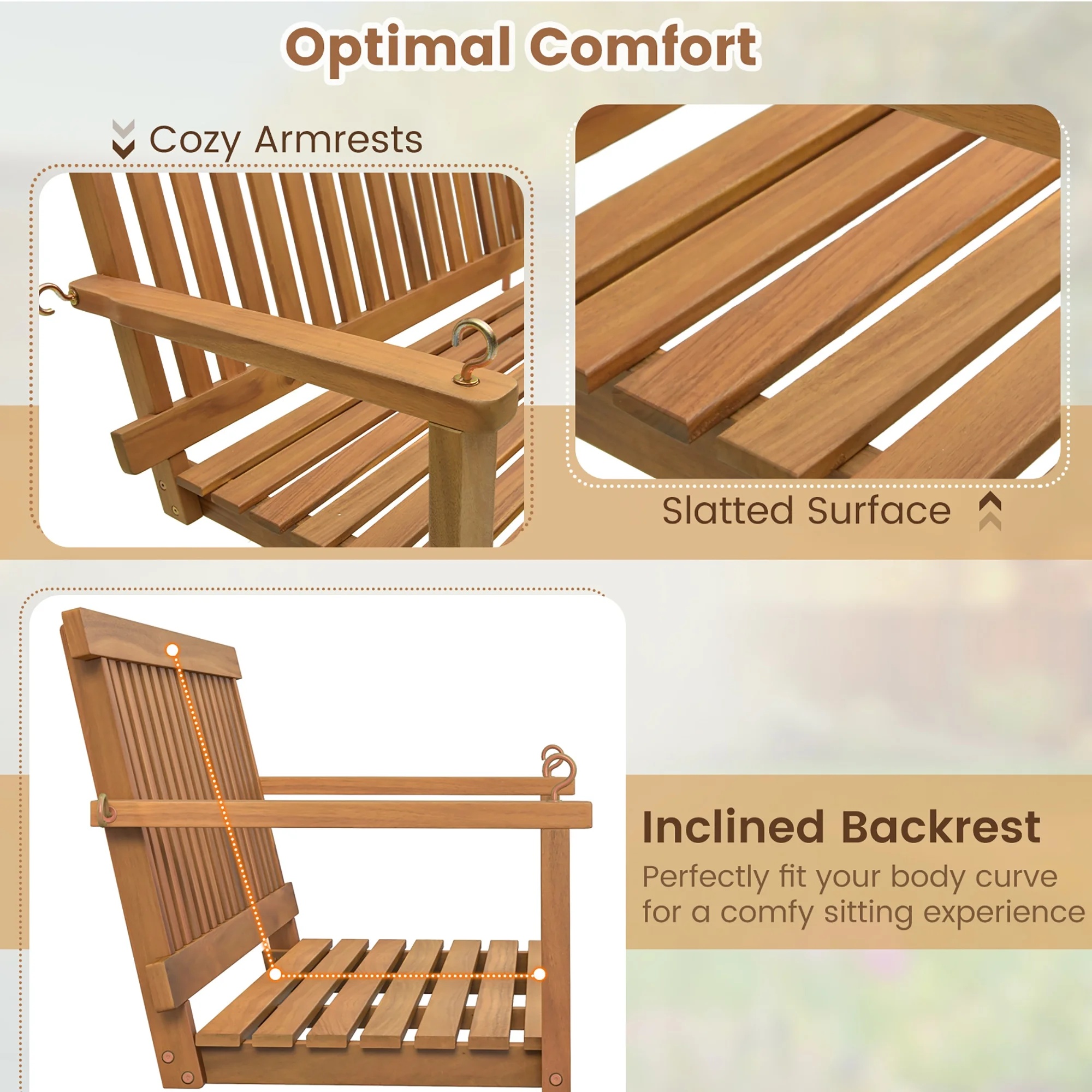 Gymax 2-Person Acacia Wood Outdoor Porch Swing Patio Hanging Bench Chair Natural - Image 7