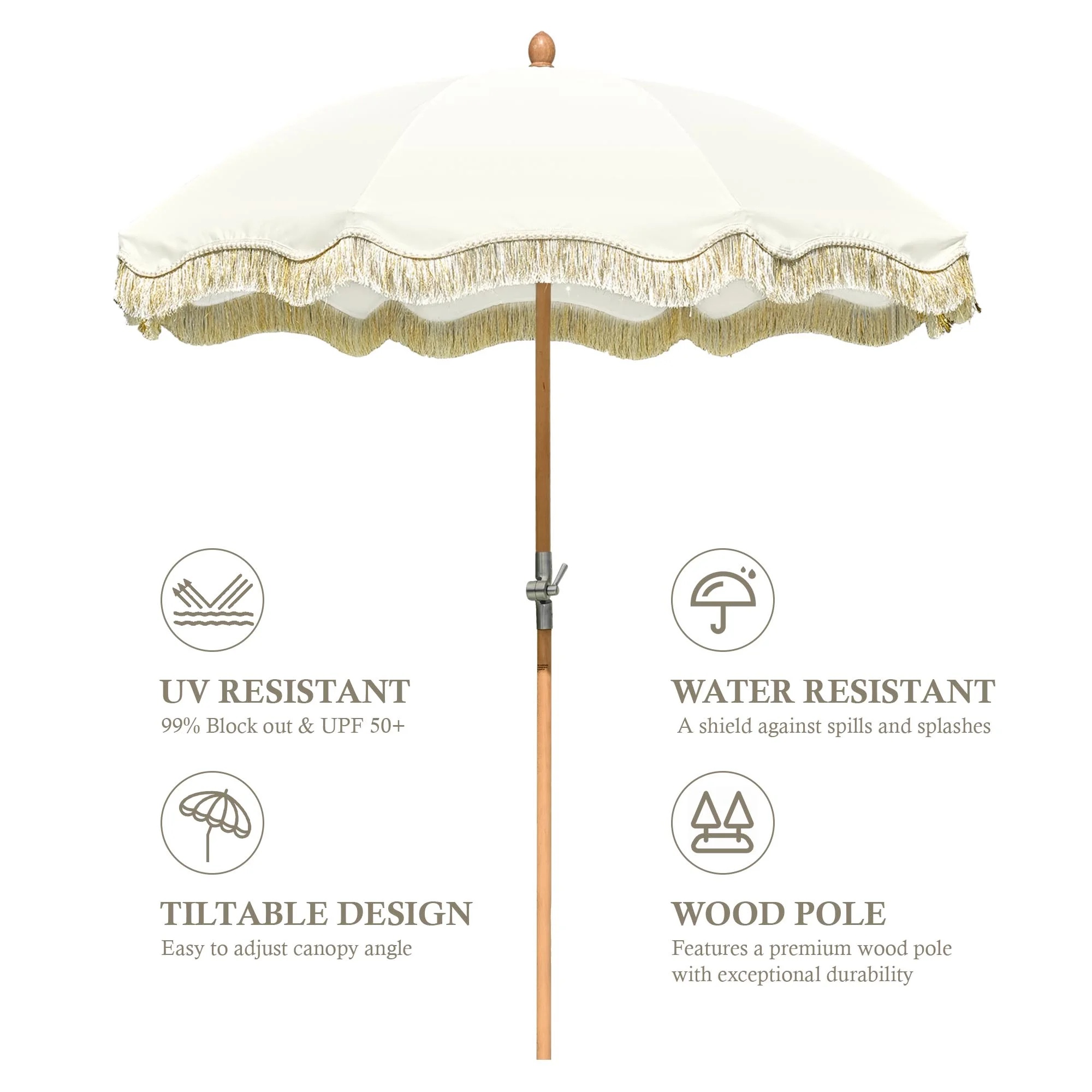 LAGarden 6 Ft Fringe Patio Umbrella with Tassel Jazz Age Wood UPF50+ for Outdoor, Beige with gold tassel,Model: JZ6-01 - Image 9