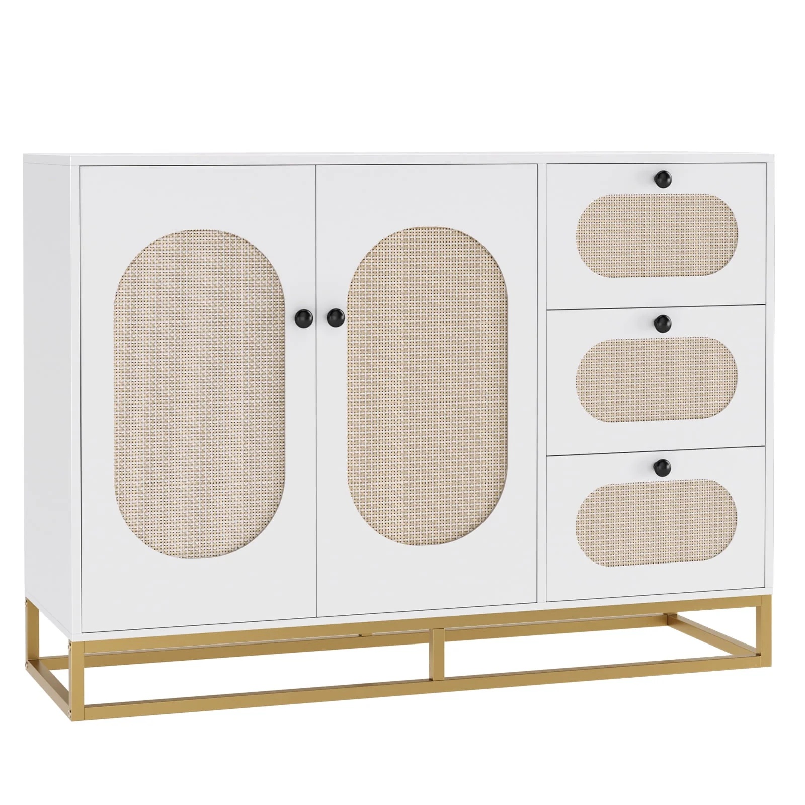 Homfa 3 Drawers Accent Storage Cabinet, 34.2"H Gold Buffet Sideboard with Rattan Doors for Living Room, White - Image 10