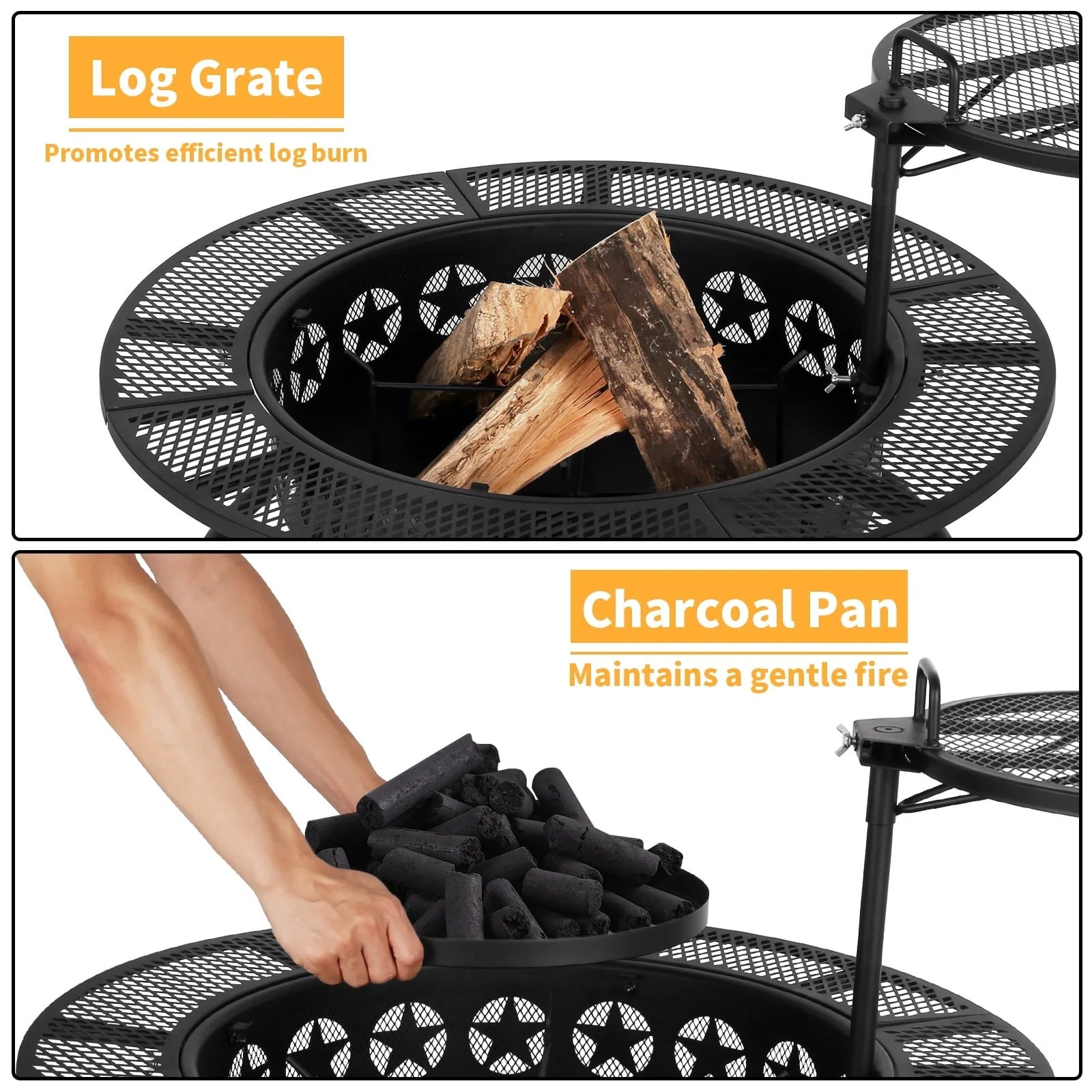 Hykolity 35 Inch Fire Pit with Cooking Grate & Charcoal Pan, Outdoor Wood Burning BBQ Grill Firepit Bowl with Cover Lid, Steel Round Table for Backyard Bonfire Patio Picnic - Image 3