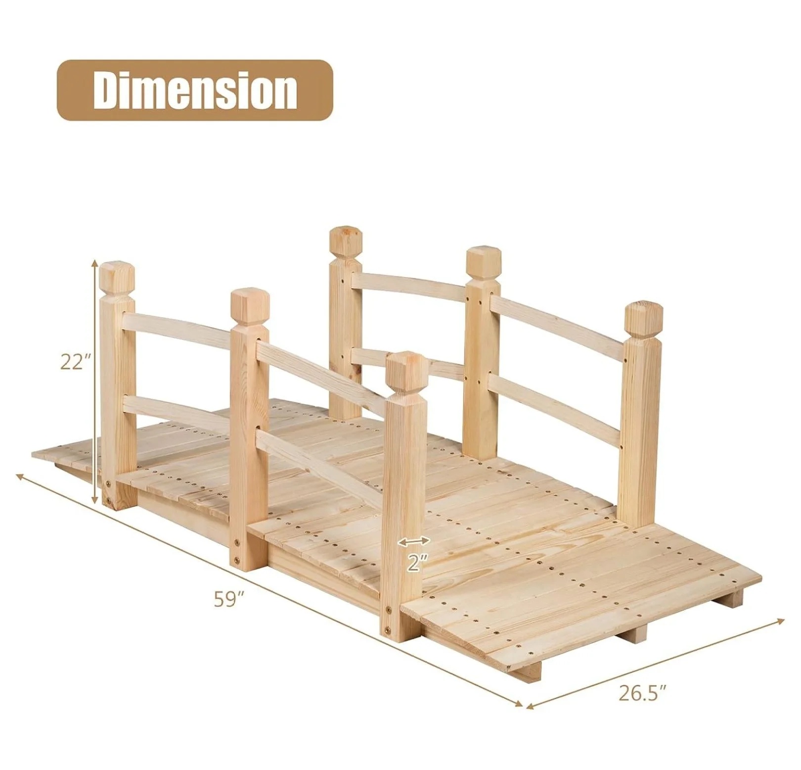 Garden Bridge, 5FT Wooden Arc Footbridge for Outdoors with Safety Guardrails, Decorative Landscaping for Garden Yard Walkway Creek Farm, 400 LBS Capacity (Natural Finished) - Image 7