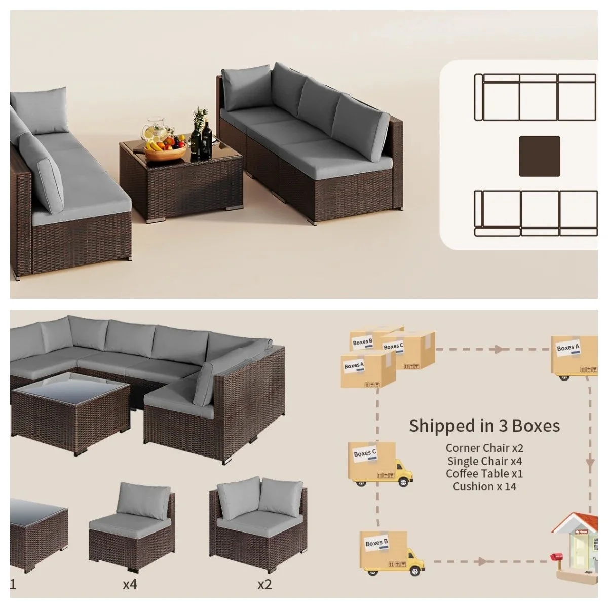 7 Pieces Outdoor Patio Furniture Set, Lofka PE Rattan Sectional Sofa with Tempered Glass Coffee Table & All-Weather Cushions, Patio Conversation Set for Garden, Poolside (Grey) - Image 5
